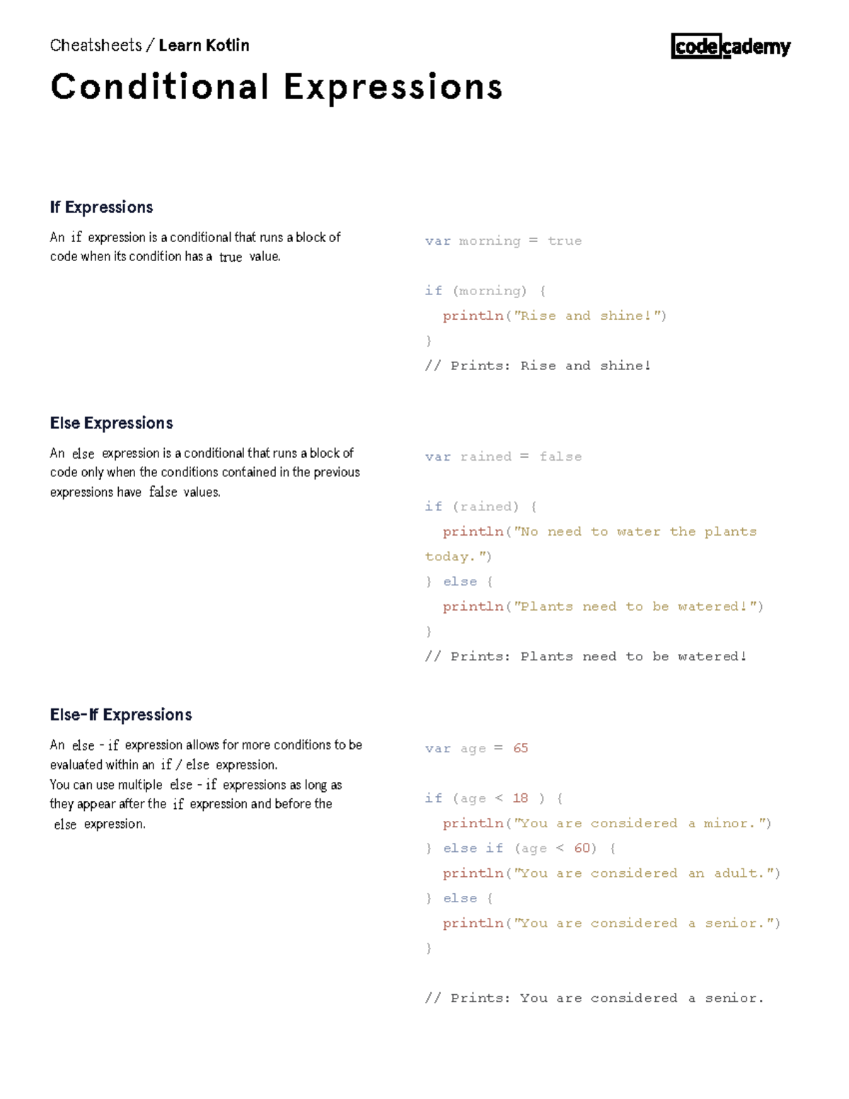 Learn Kotlin Conditional Expressions Cheatsheet Codecademy - An If ...