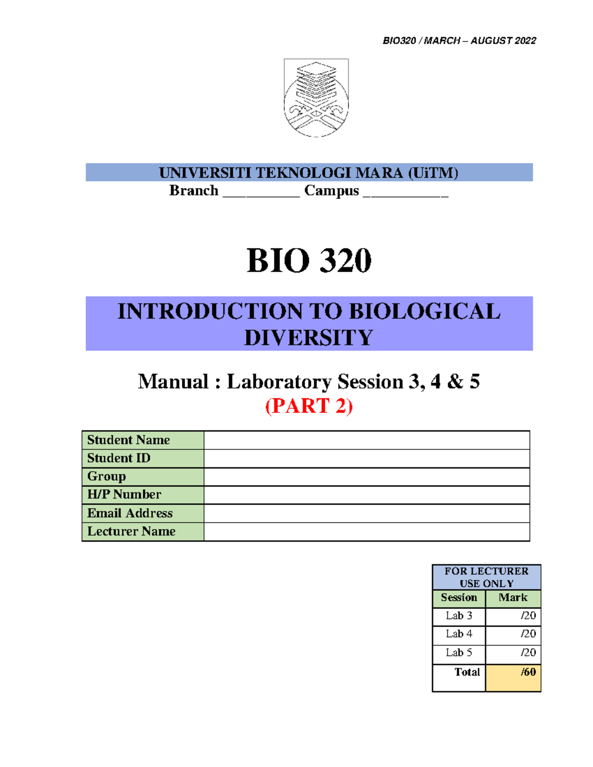 Lab Manual BIO320 - Part 2 (F2F) - BIO320 / MARCH – AUGUST 2022 ...