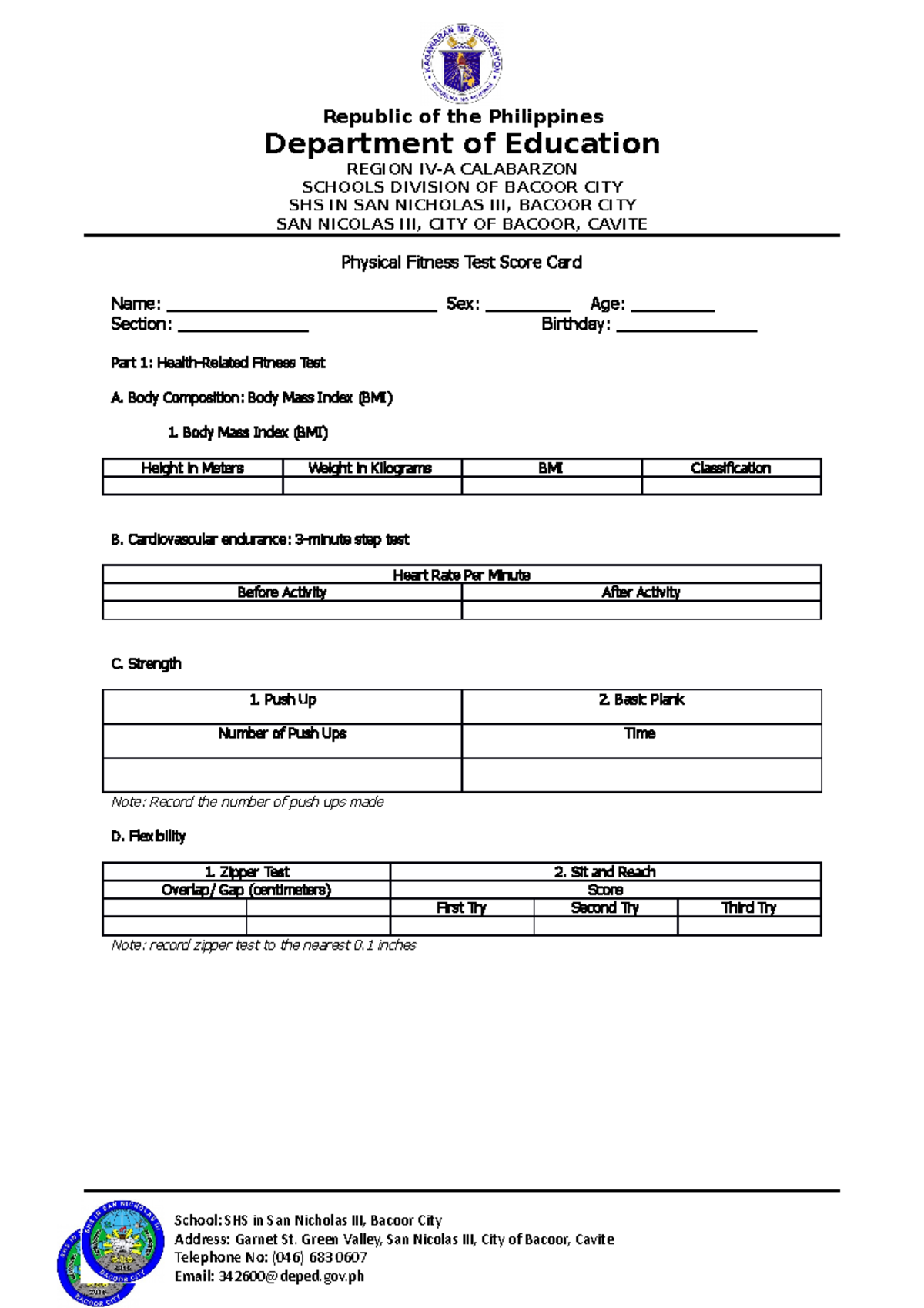 Physical Fitness Test Score Card Health Related - Republic of the ...