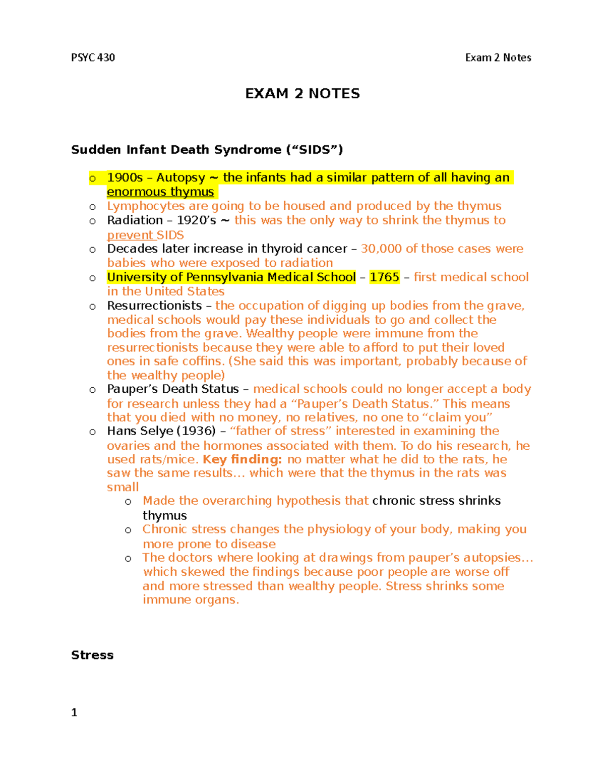 PSYC 430 EXAM 2 Notes - Dr. Baldwin - EXAM 2 NOTES Sudden Infant Death ...
