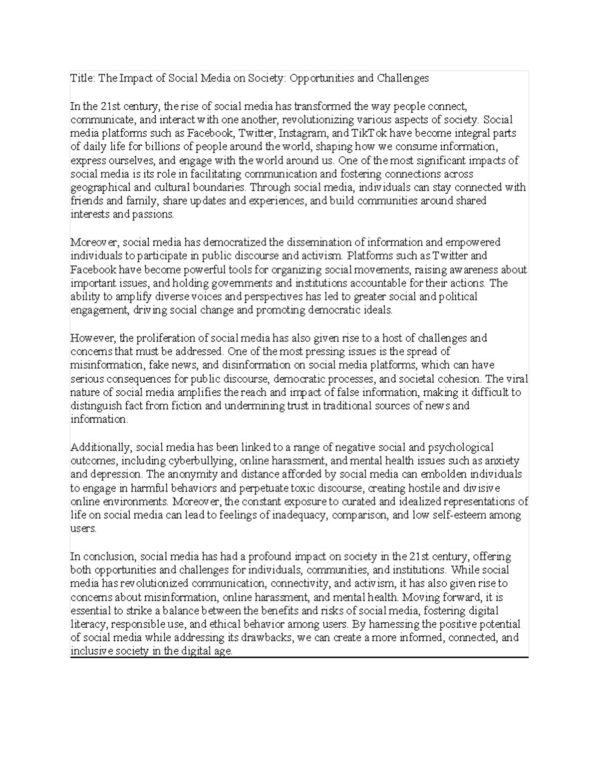 Paper 3 - Title: The Impact of Social Media on Society: Opportunities ...