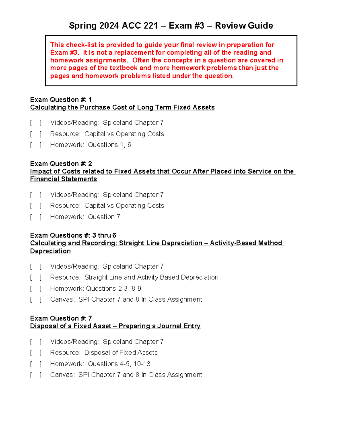 ACC 221 Spring 2024 Exam 3 - Review Outline and Checklist - Spring 2024 ...