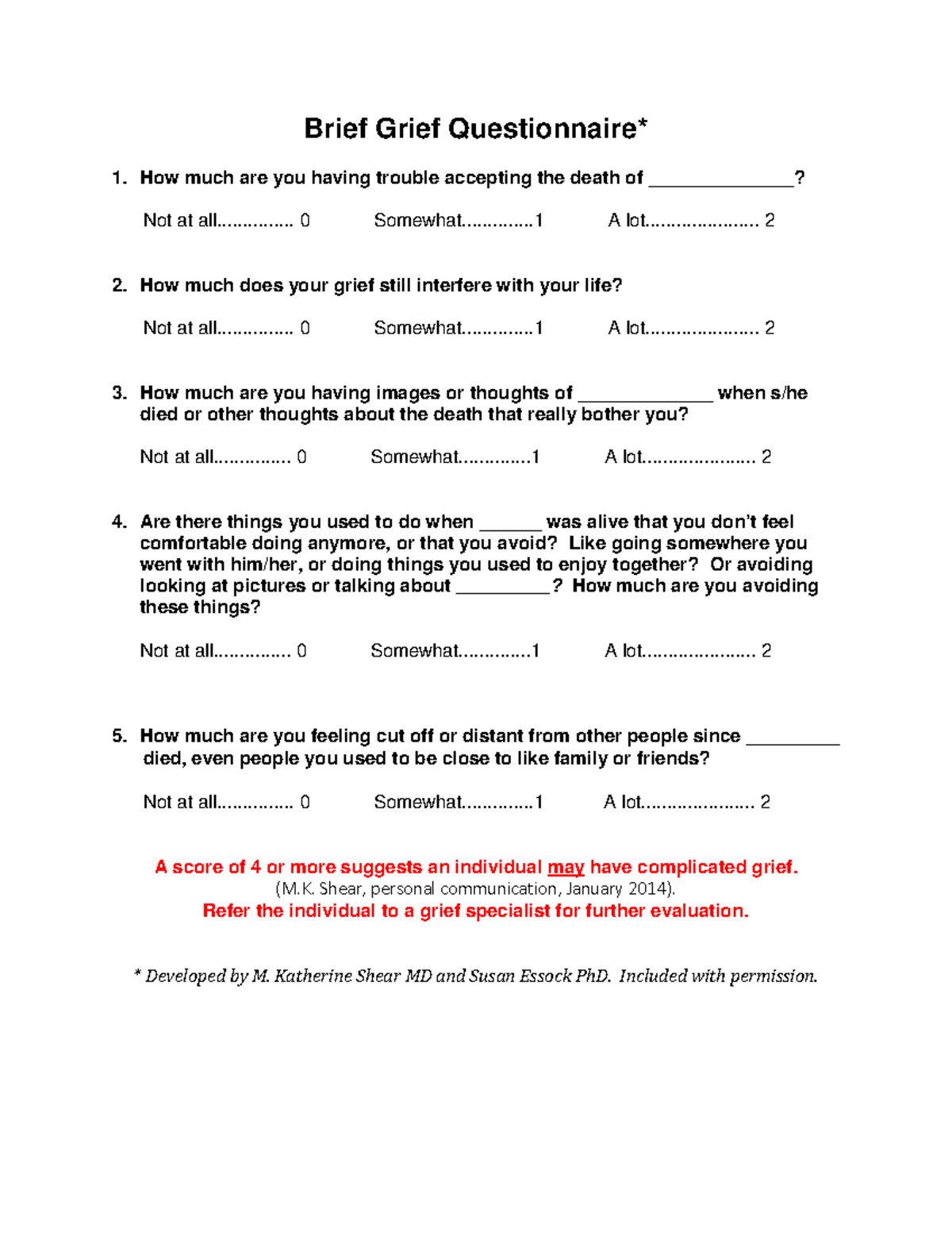 Brief Grief Questionnaire 2018 Brief Grief Questionnaire* How much