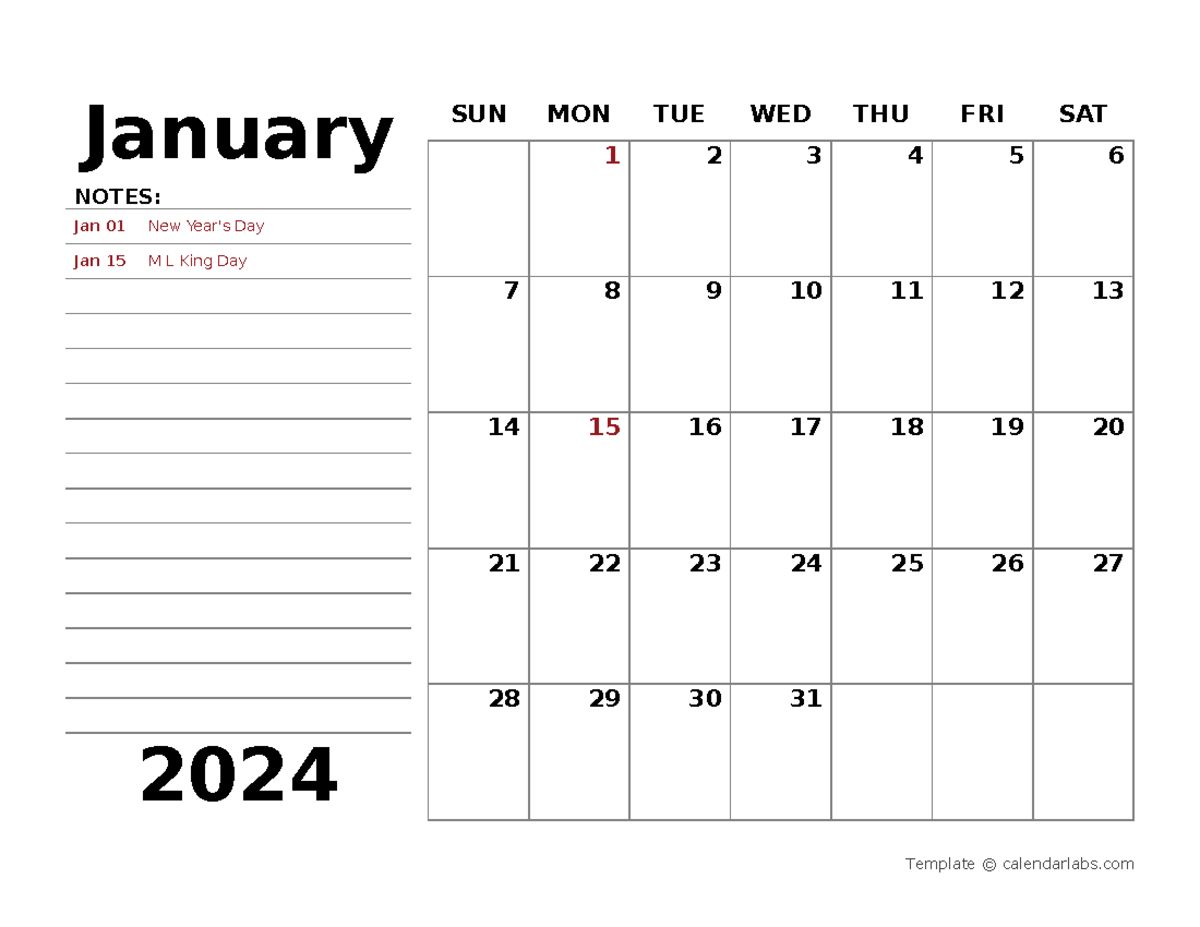 2024 Monthly Schedule Template Word 15 - January Notes: Jan 01 New Year 