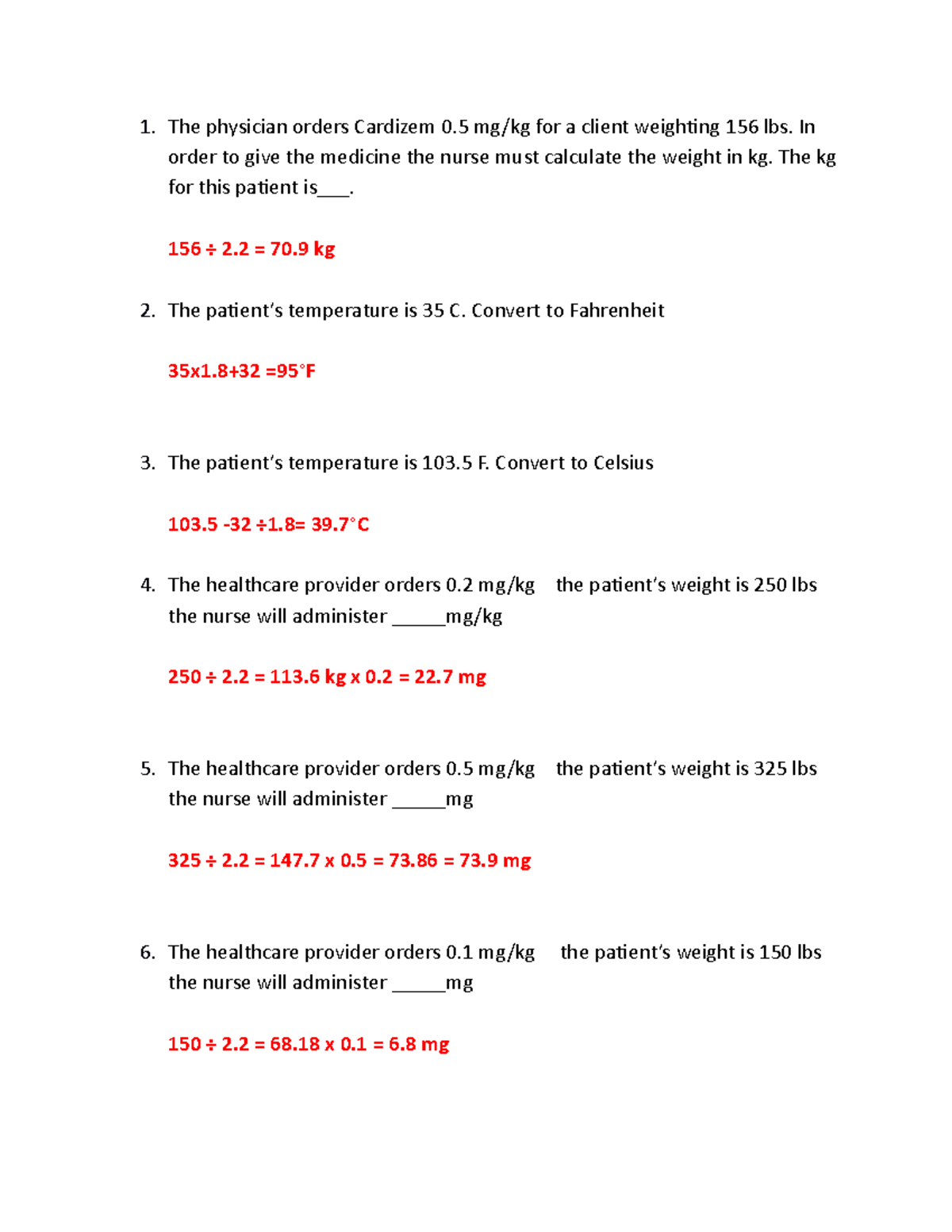 Dosage Calculation - The physician orders Cardizem 0 mg/kg for a client  weighting 156 lbs. In order - Studocu