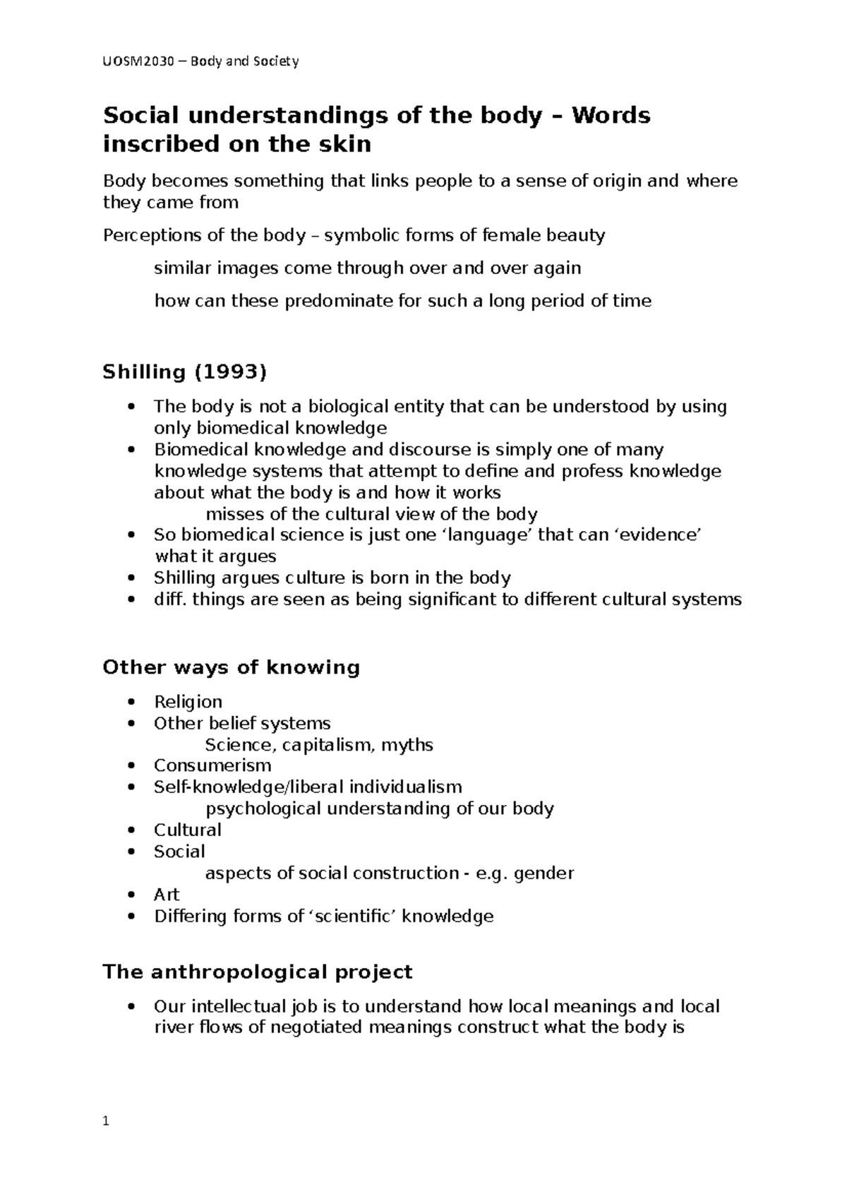 Social understandings of the body - things are seen as being ...