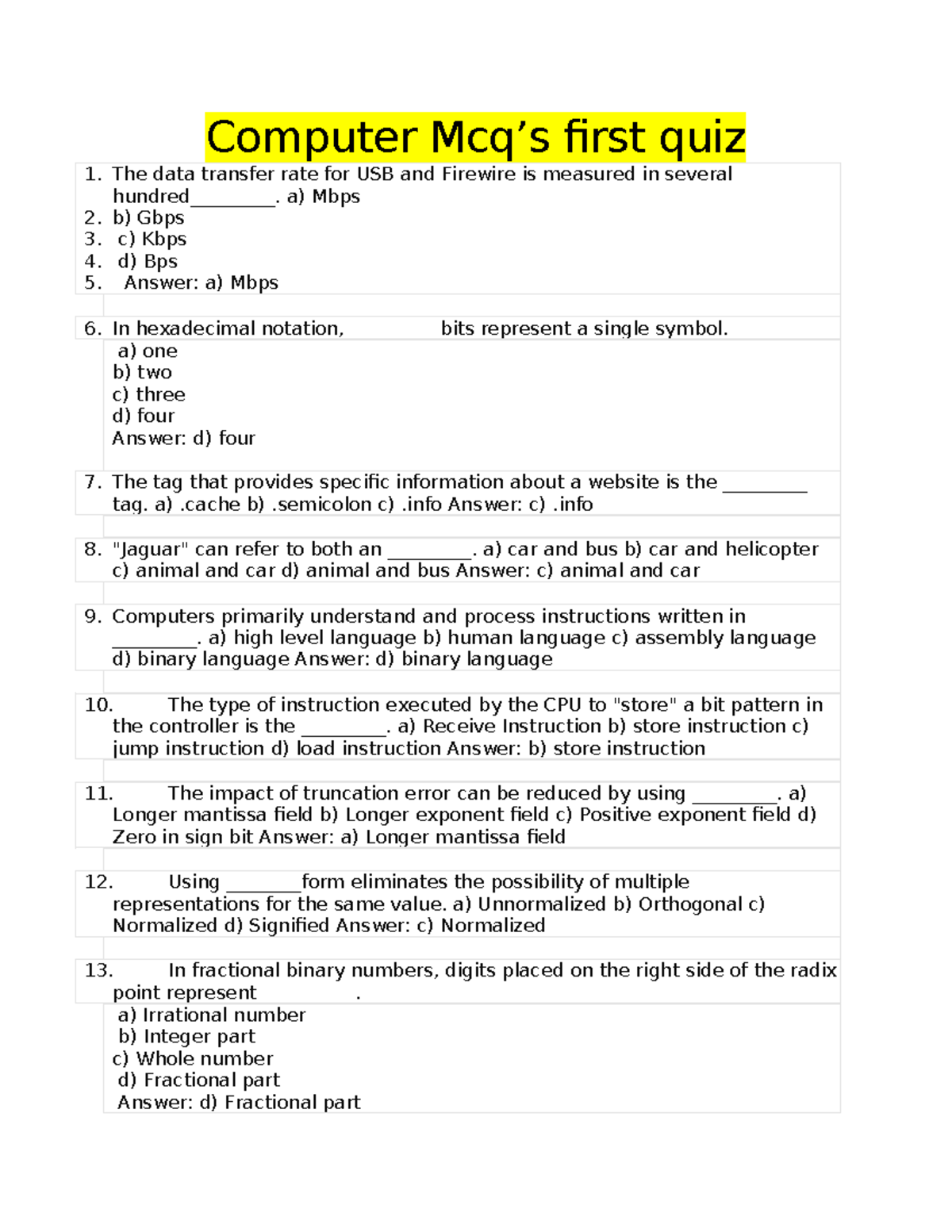 Computer Mcq 1st quiz - jhhhk - Computer Mcq’s first quiz The data ...