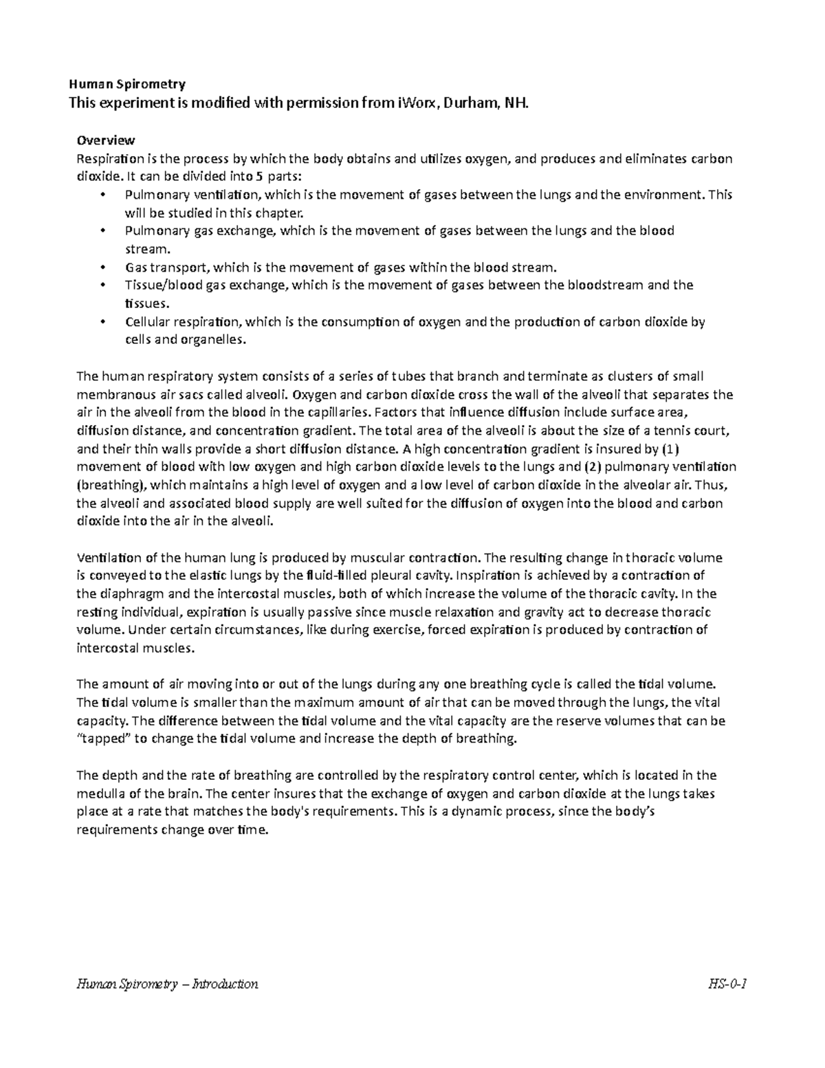 Spirometry Experiment class assignment Human Spirometry