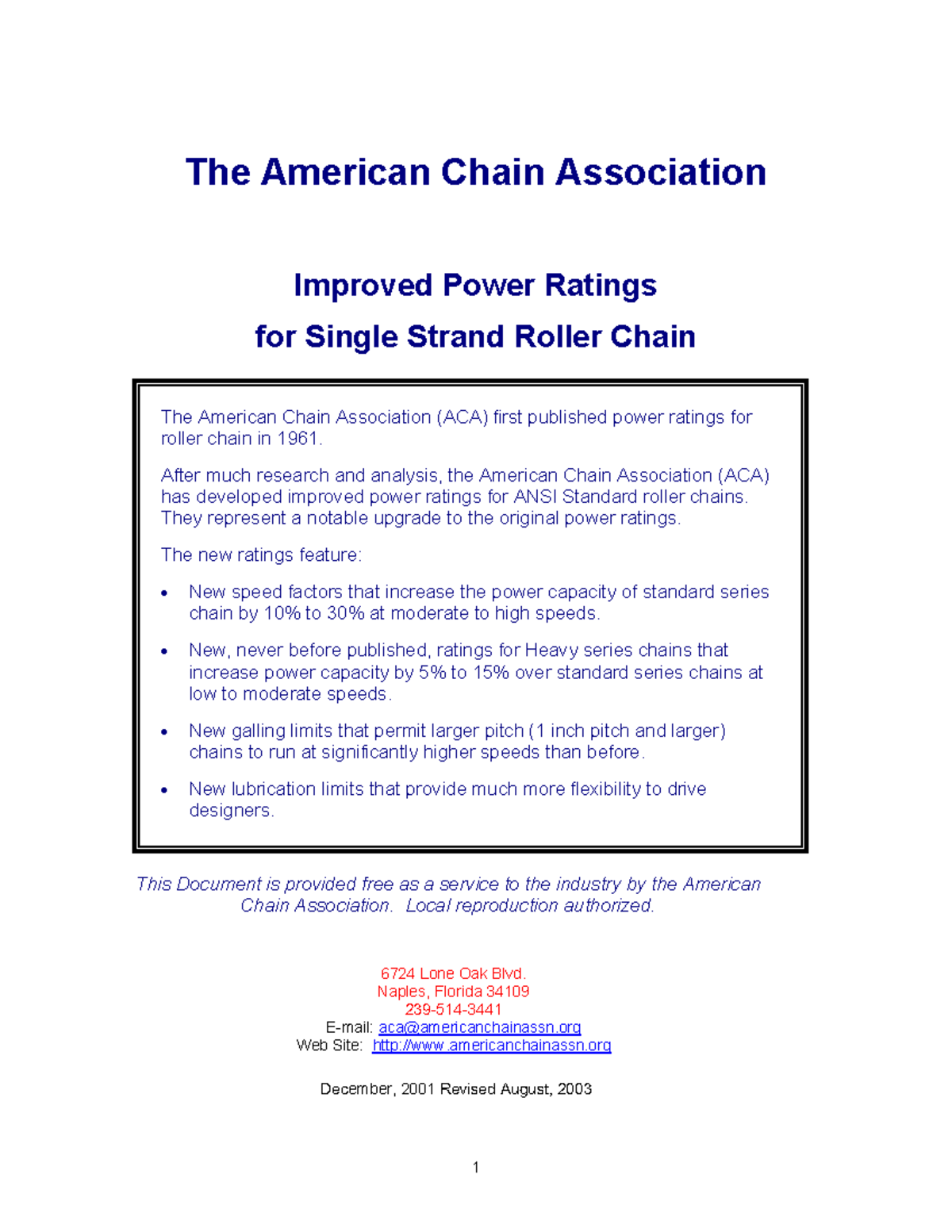 ACMARoller Chain PowerRatings122001 R1 1 The American Chain