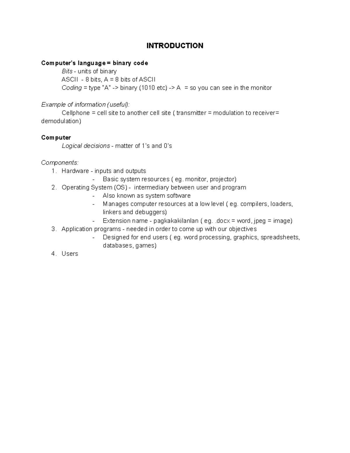 IT Tools lecture - lesson - INTRODUCTION Computer’s language = binary ...