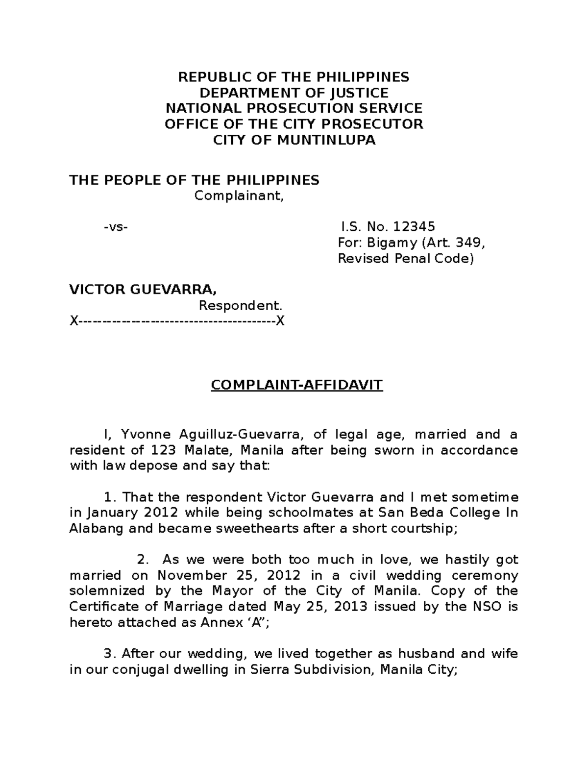 Affidavit Of Complaint Philippines