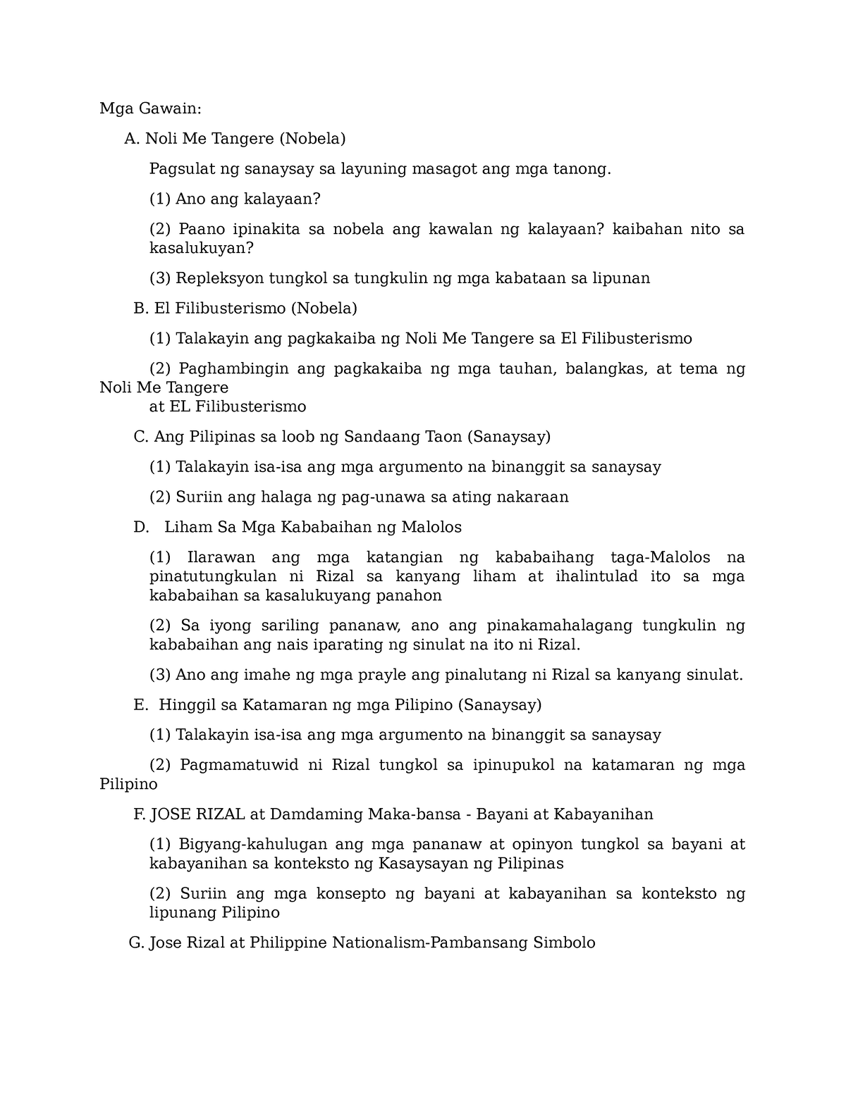 Pinal na Awtput hinggil sa mga Sinulat ni Rizal - Mga Gawain: A. Noli ...