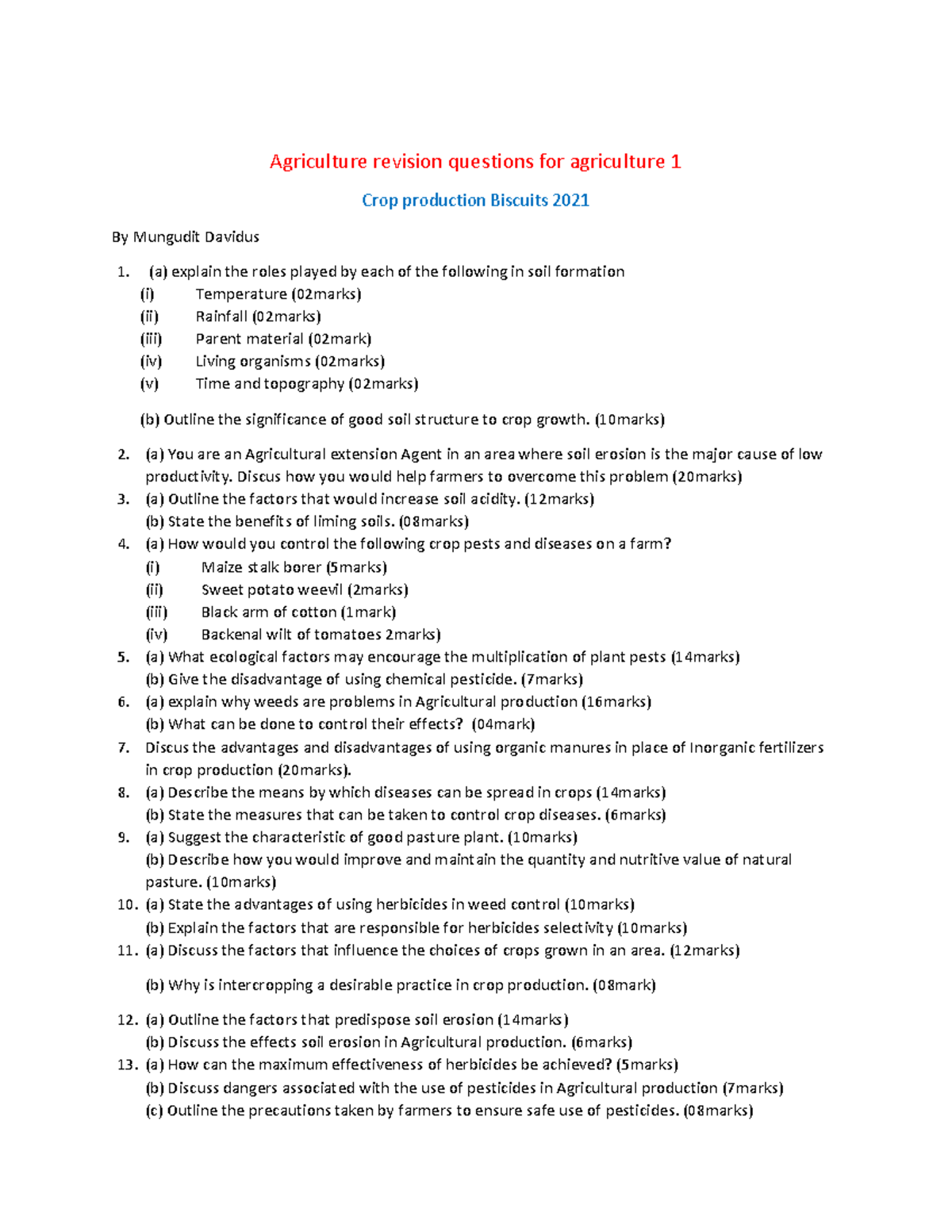 Agriculture revision questions for agriculture 1 - (10marks) (a) You ...
