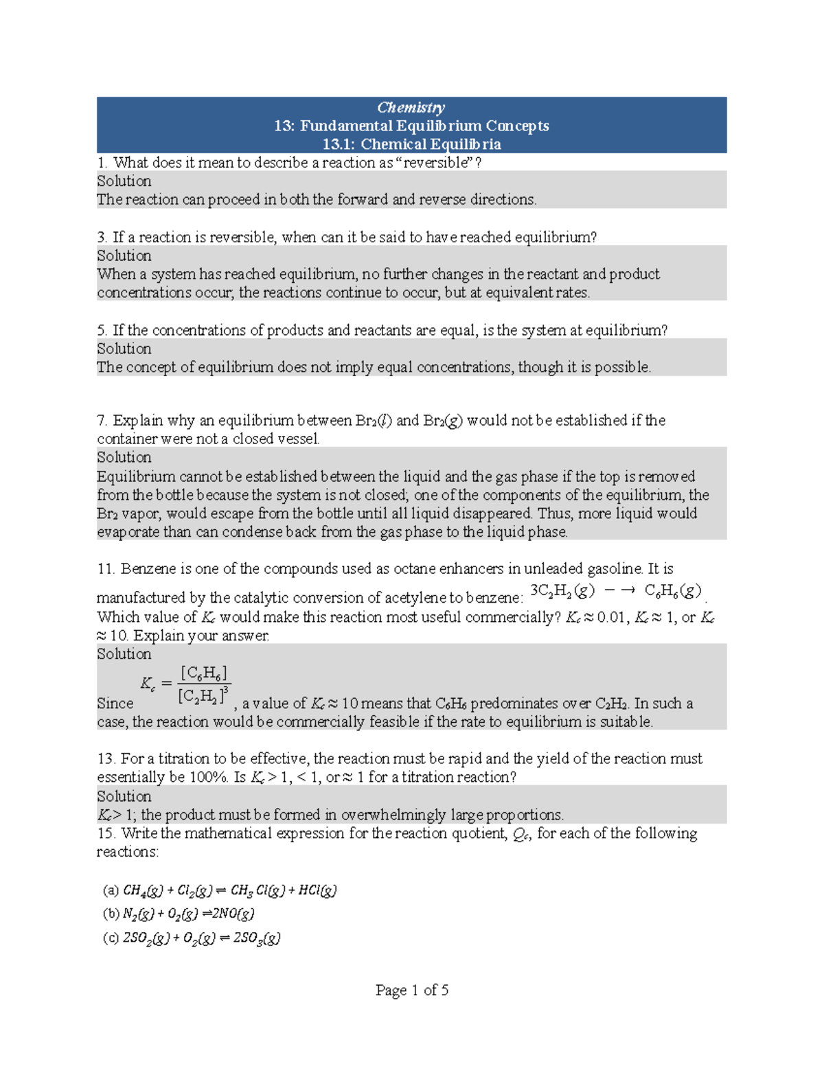 Ch13 Text Book Questions Chemistry 13 Fundamental Equilibrium Concepts 13 Chemical Equilibria What Does It Mean To Describe Reaction As Reversible Solution Studocu