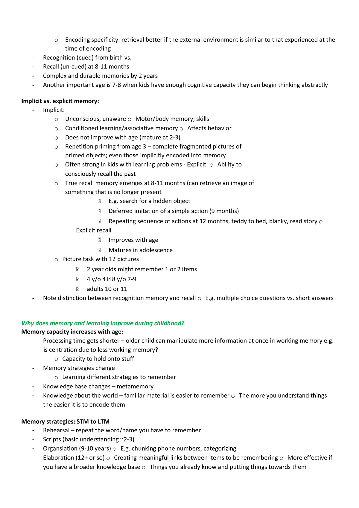 Developmental Psych Notes 6 O Encoding Specificity Retrieval Better