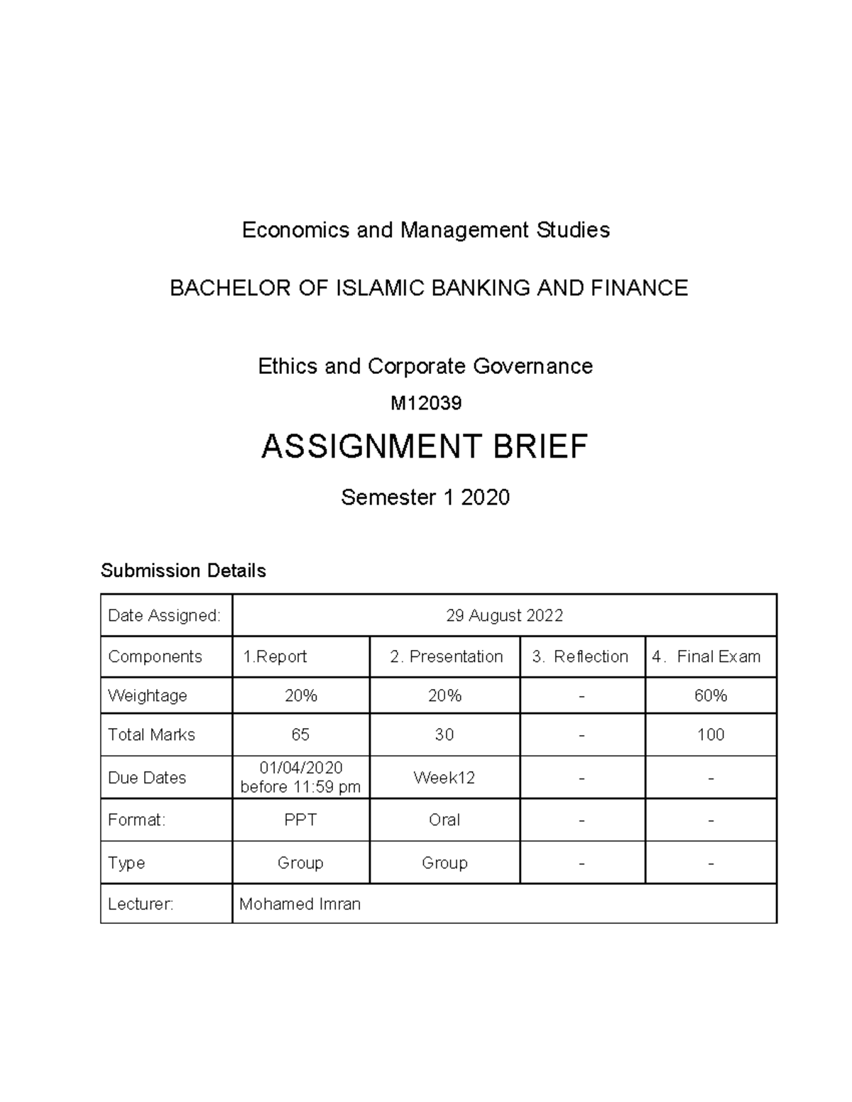 Assignment Brief Sample ENG - Economics and Management Studies BACHELOR ...