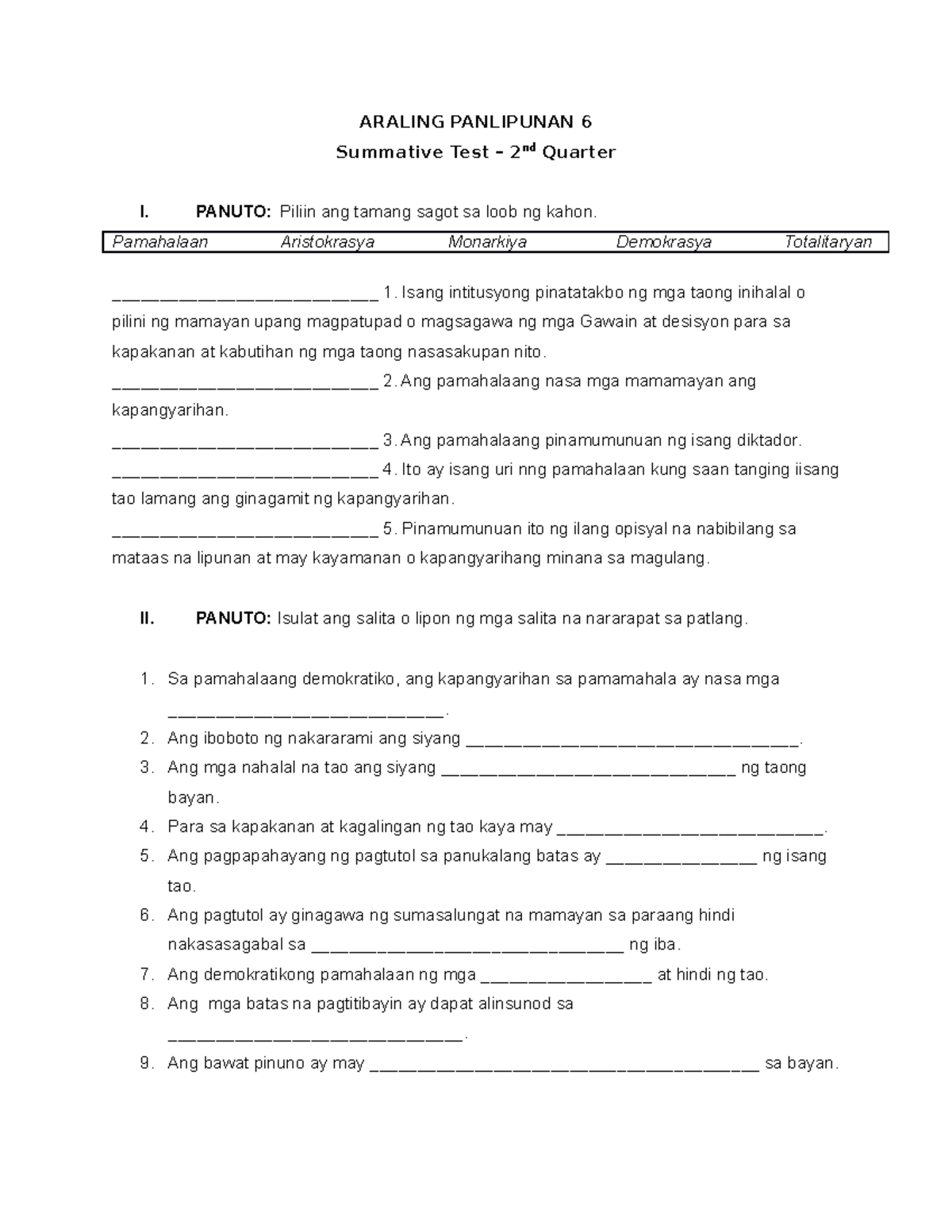 Summative Test In Araling Panlipunan 6 Sample Summative Test Aralin Nbkomputer 8761