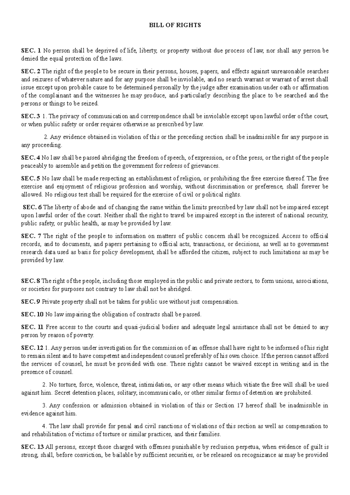 BILL-OF- Rights - Confidential - BILL OF RIGHTS SEC. 1 No person shall ...