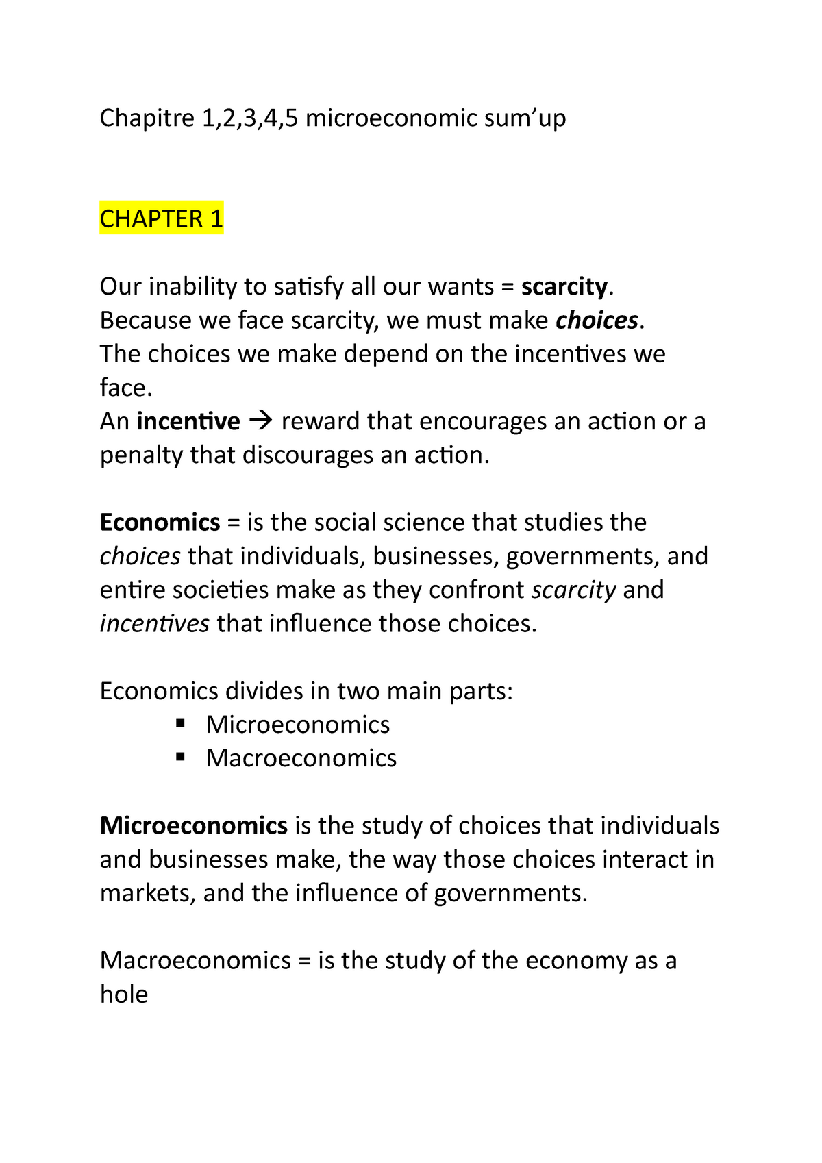 Microeconomics Chapter 1 2 3 4 5 For Final Exam Bba1 Chapitre 1 2 3 4 5 Microeconomic Sum Up Studocu