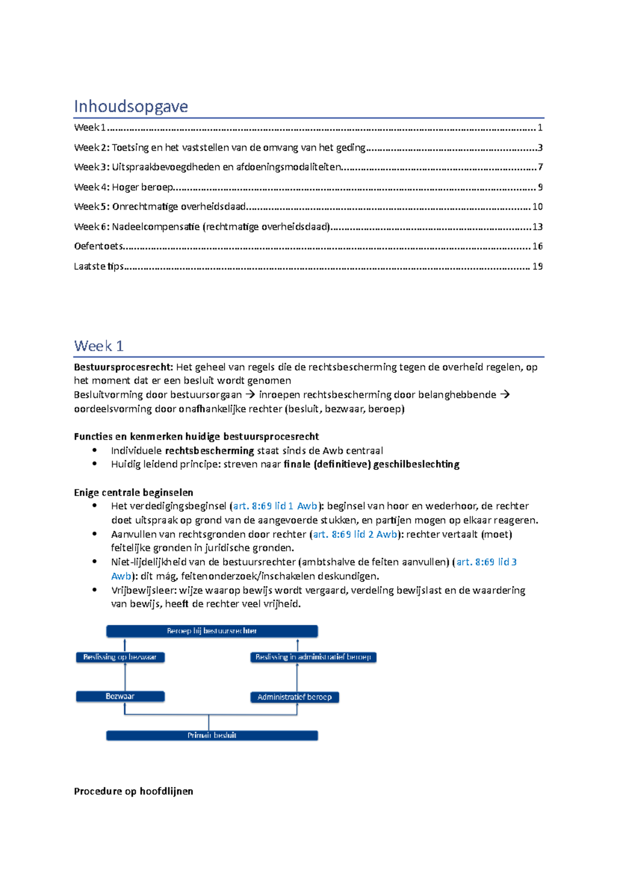 Samenvatting Bestuurs(proces)recht - Inhoudsopgave Week - Studeersnel