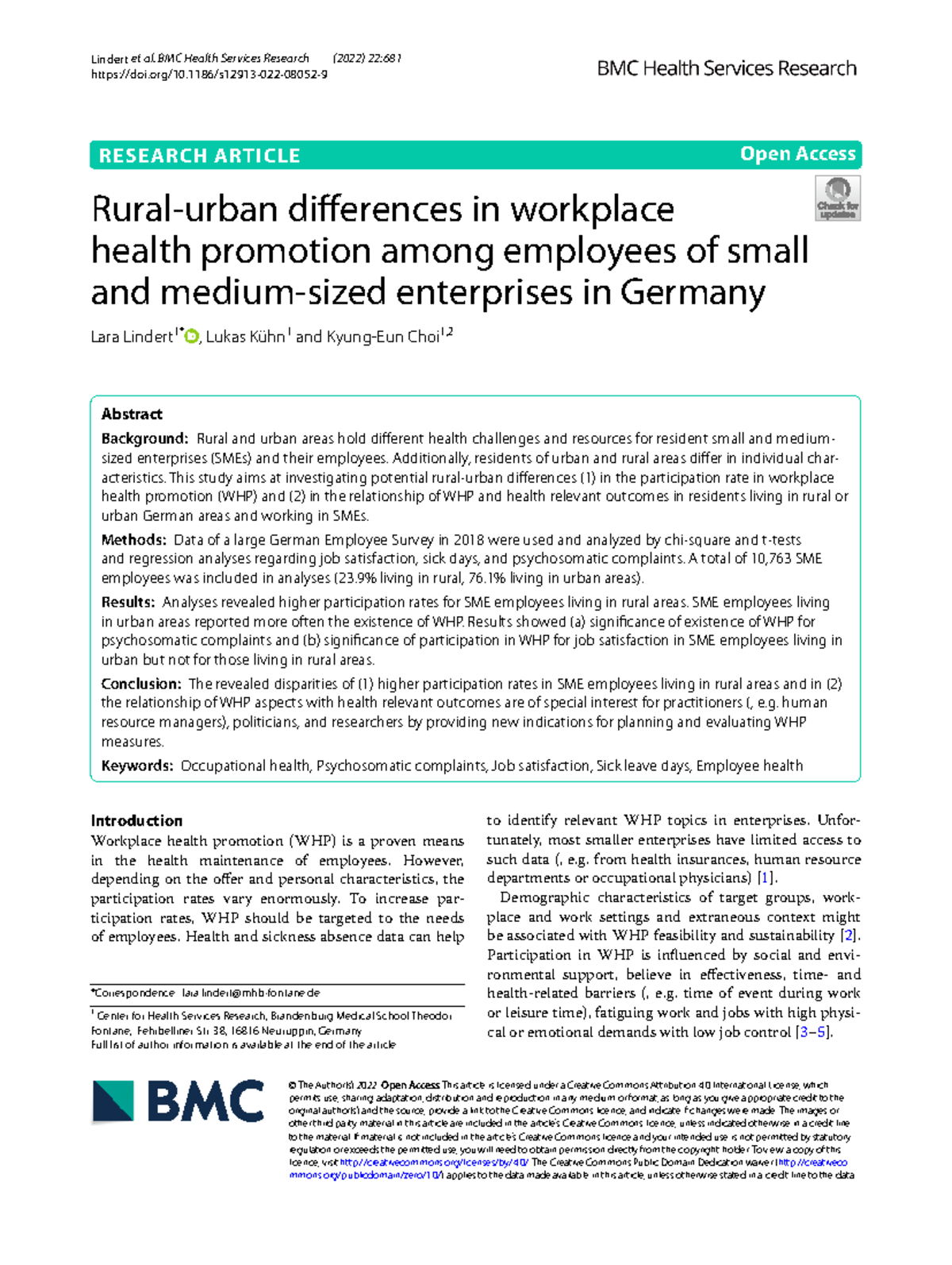 Urban -rural sme 3 - research - Lindert et al. BMC Health Services ...