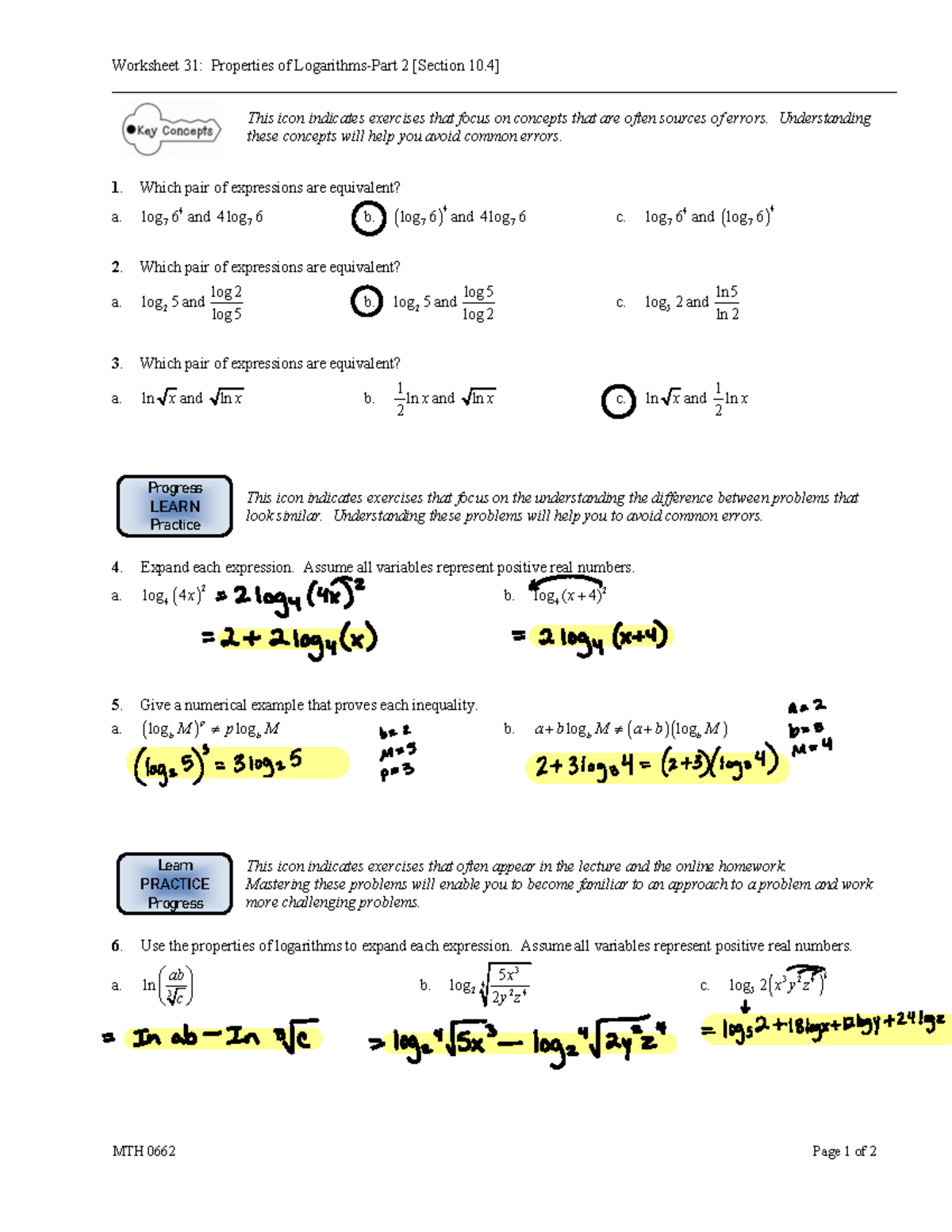 Worksheet 31Properties of LogarithmsPart 2 10 MTH 0662 Page 1 of 2