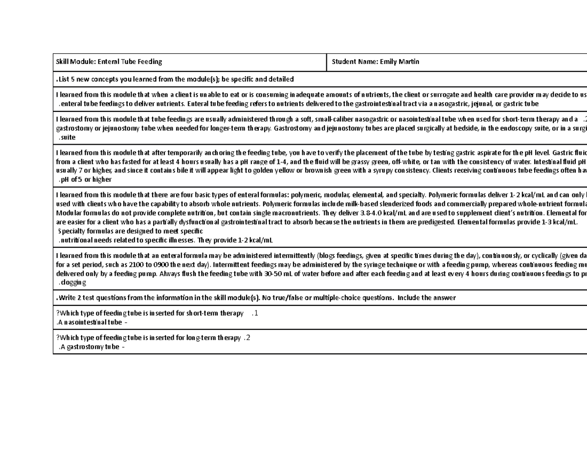 Enteral Tube Feeding Skill Skill Module Enteral Tube Feeding Student Name Emily Martin