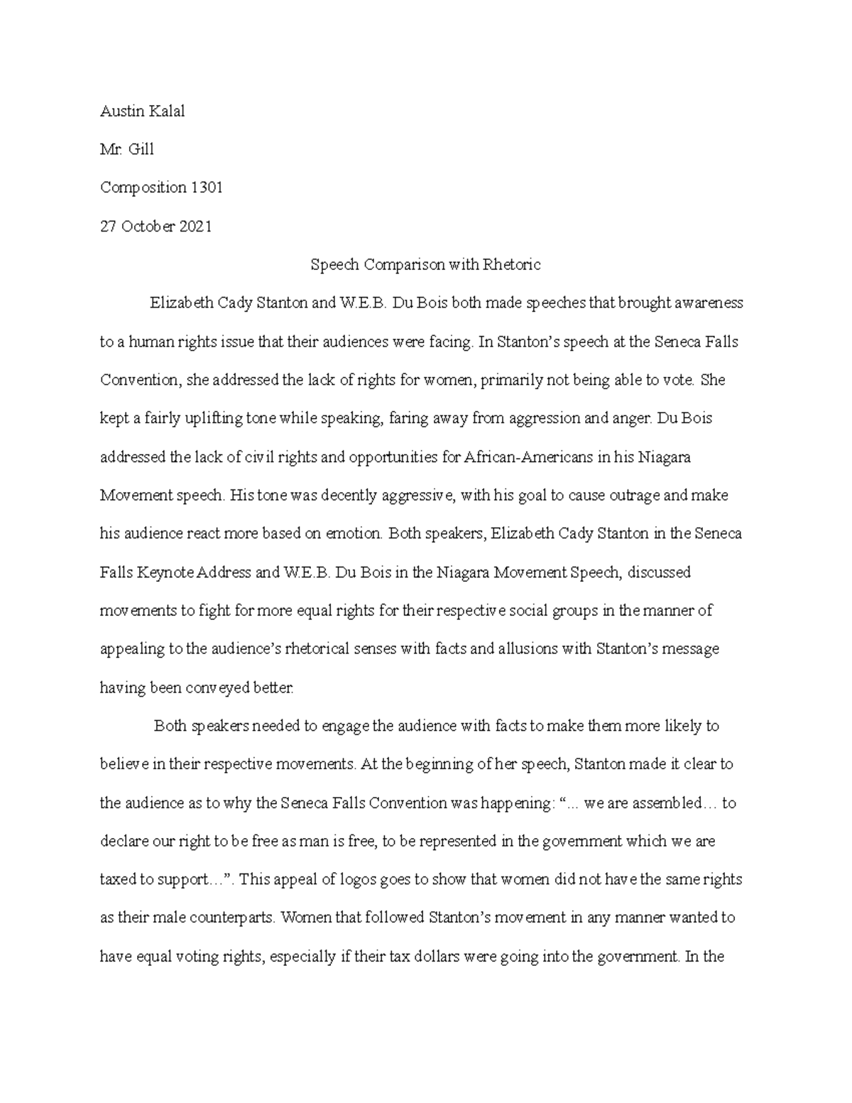 Rhetorical Comparison of Seneca Falls Keynote Address and Niagara