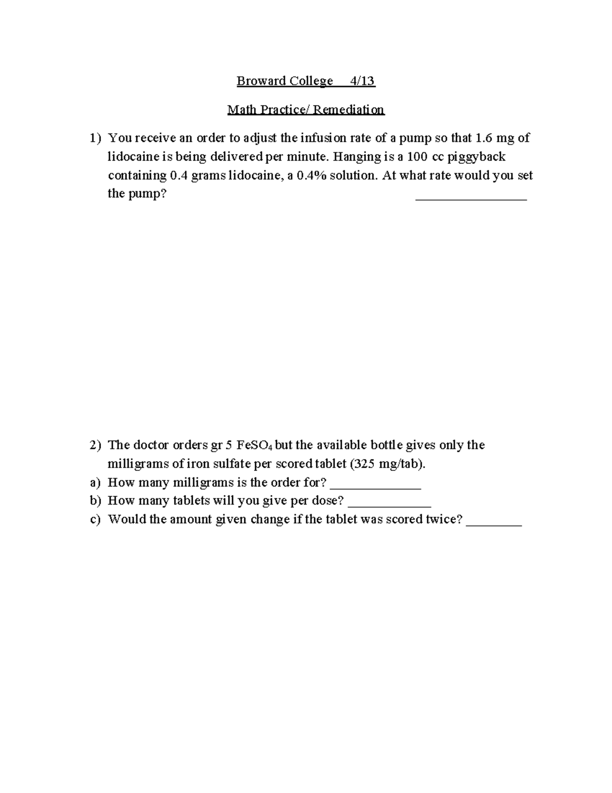 Math practice clinical Broward College 4/ Math Practice/ Remediation