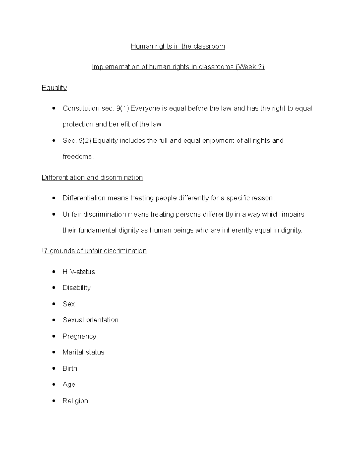 Week 2 notes - Human rights in the classroom Implementation of human ...