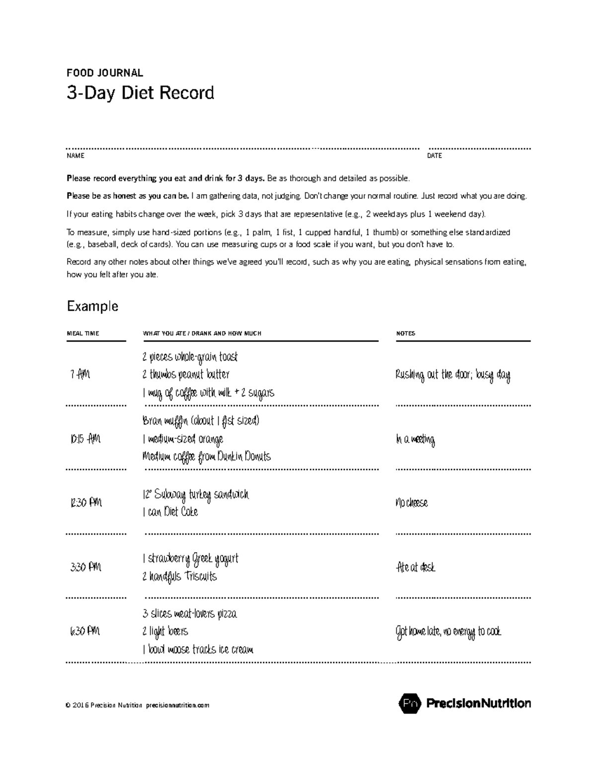 3Day Food Journal (Precision Nutrition Forms) FOOD JOURNAL 3Day