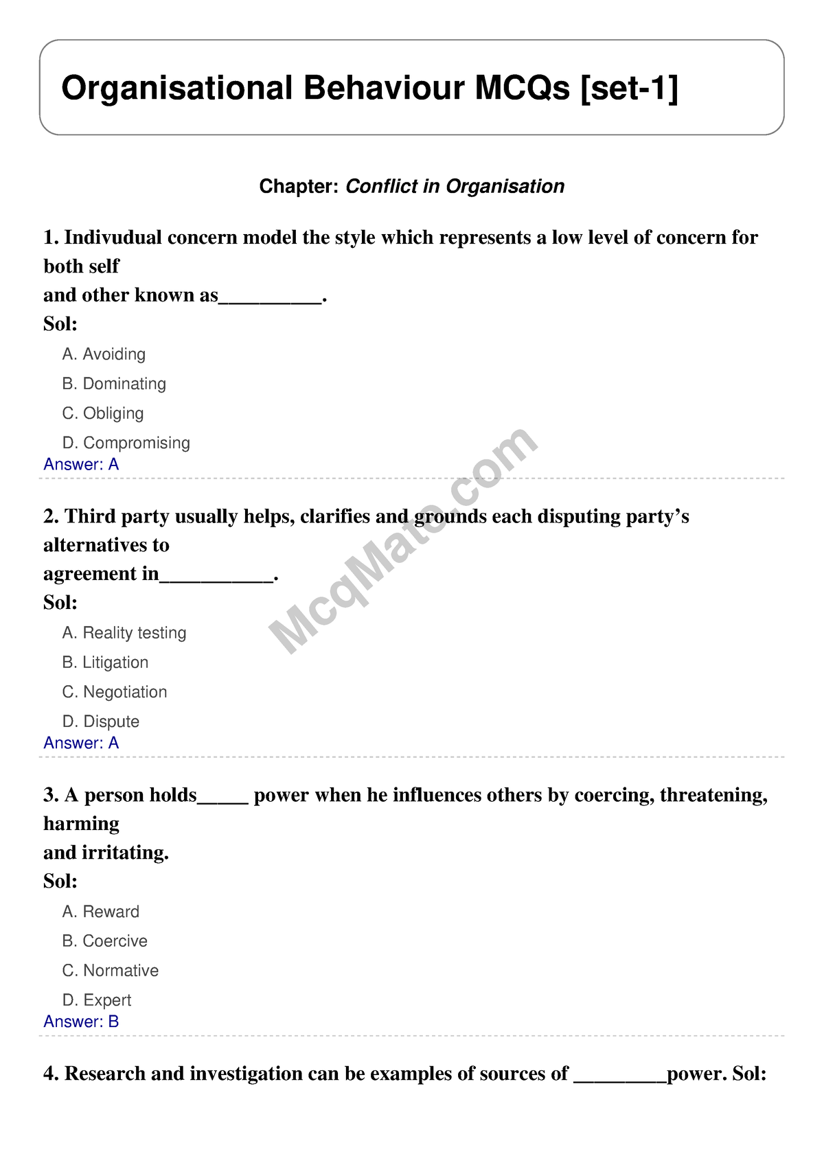 Organisational Behaviour (Chapter- Conflict In Organisation) Solved ...