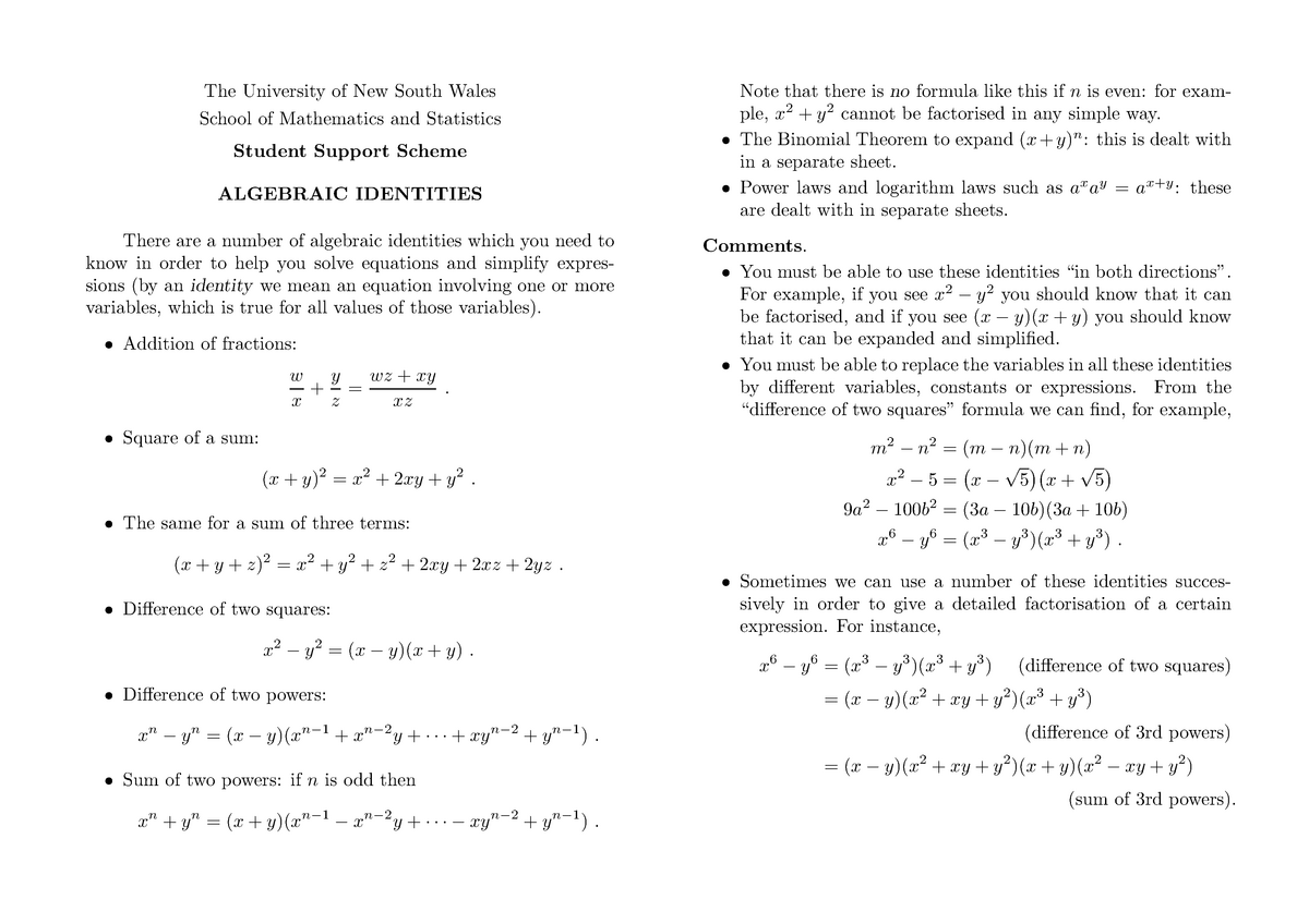 Algebraic Identities Mathematics 1a Math1131 Studocu