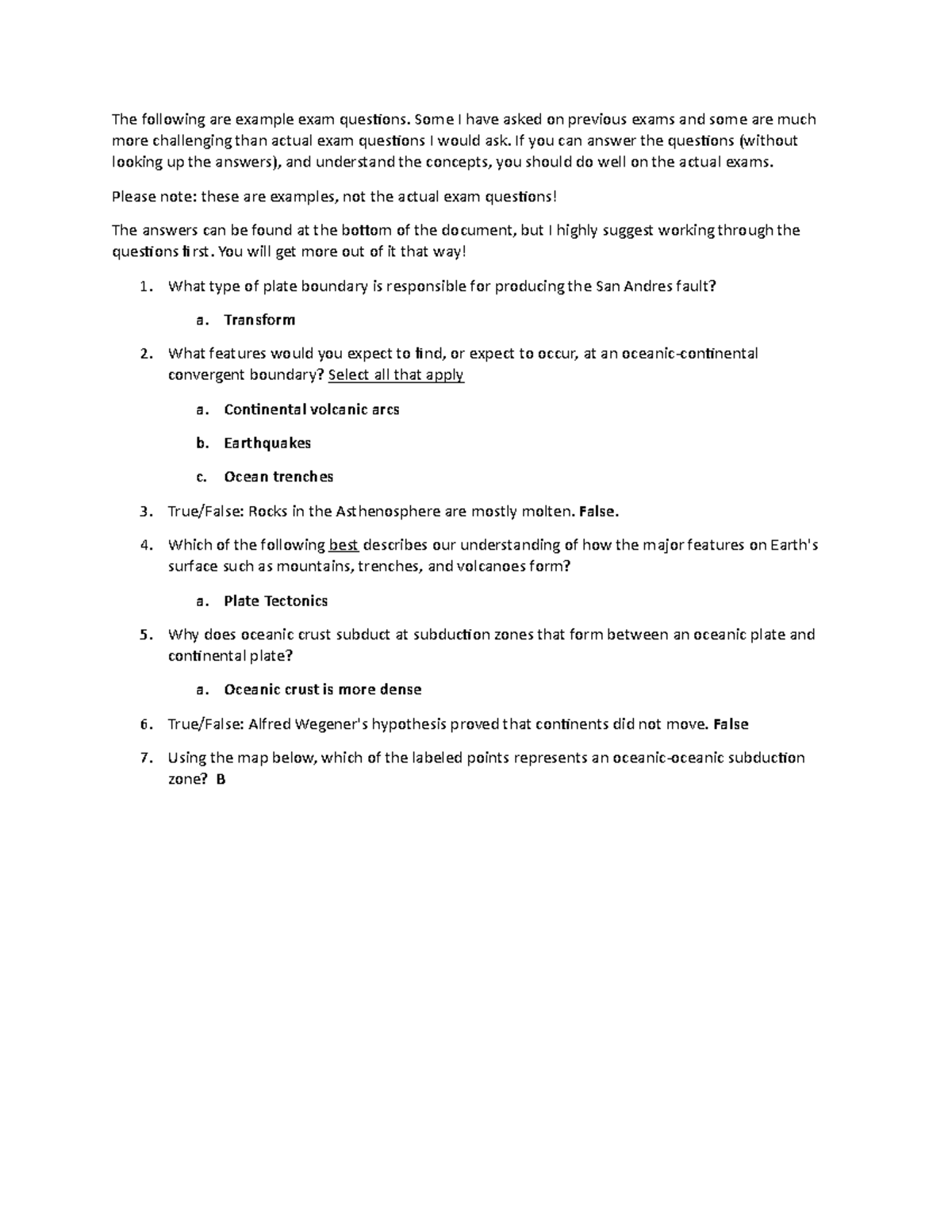 Plate boundaries questions - The following are example exam ques4ons ...