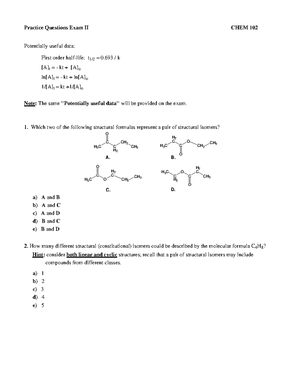 Practice Questions Exam II 102 W23 - Practice Questions Exam II CHEM ...