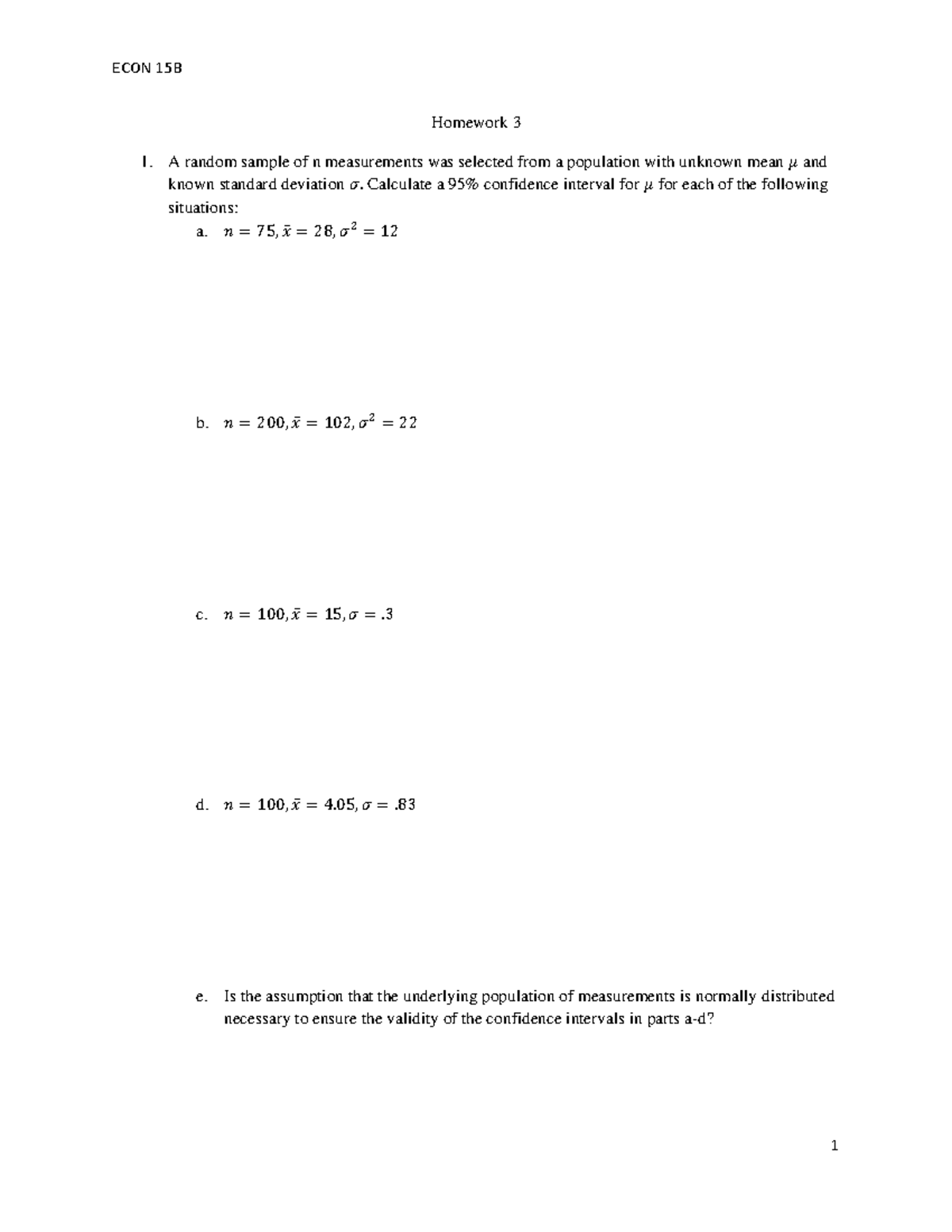 Homework 3 15B S23 - Homework 3 A random sample of n measurements was ...