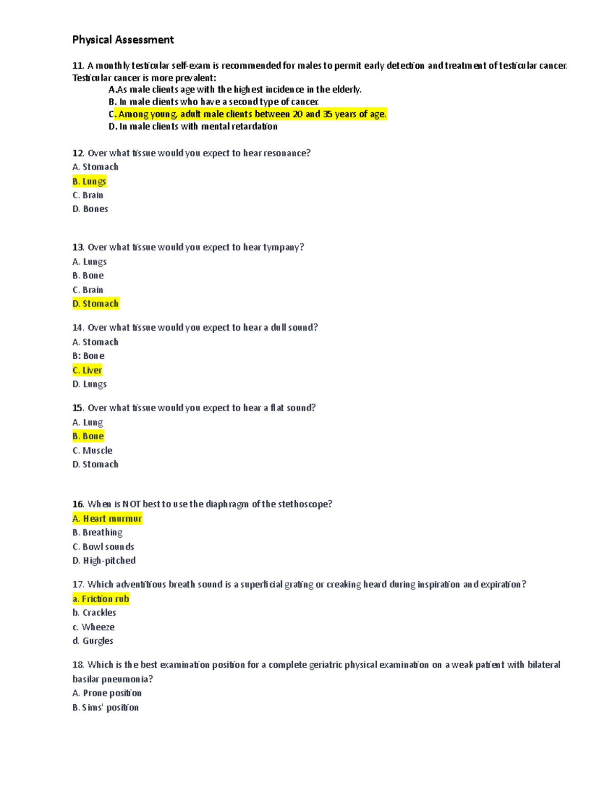 Physical Assessment Pretest Examination with Answer Keys - Physical ...