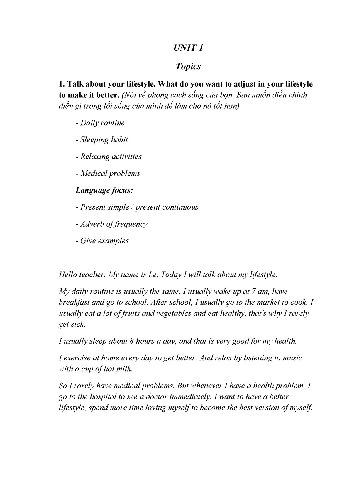 FULL Topic & Quetions CE5 - UNIT 1 Topics Talk about your lifestyle