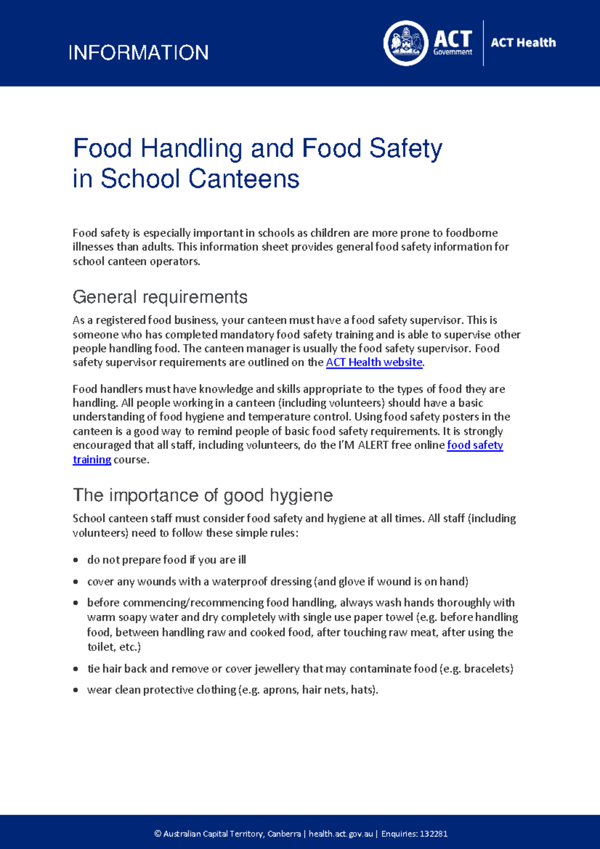 Food Handling and Food Safety in School Canteens INFORMATION