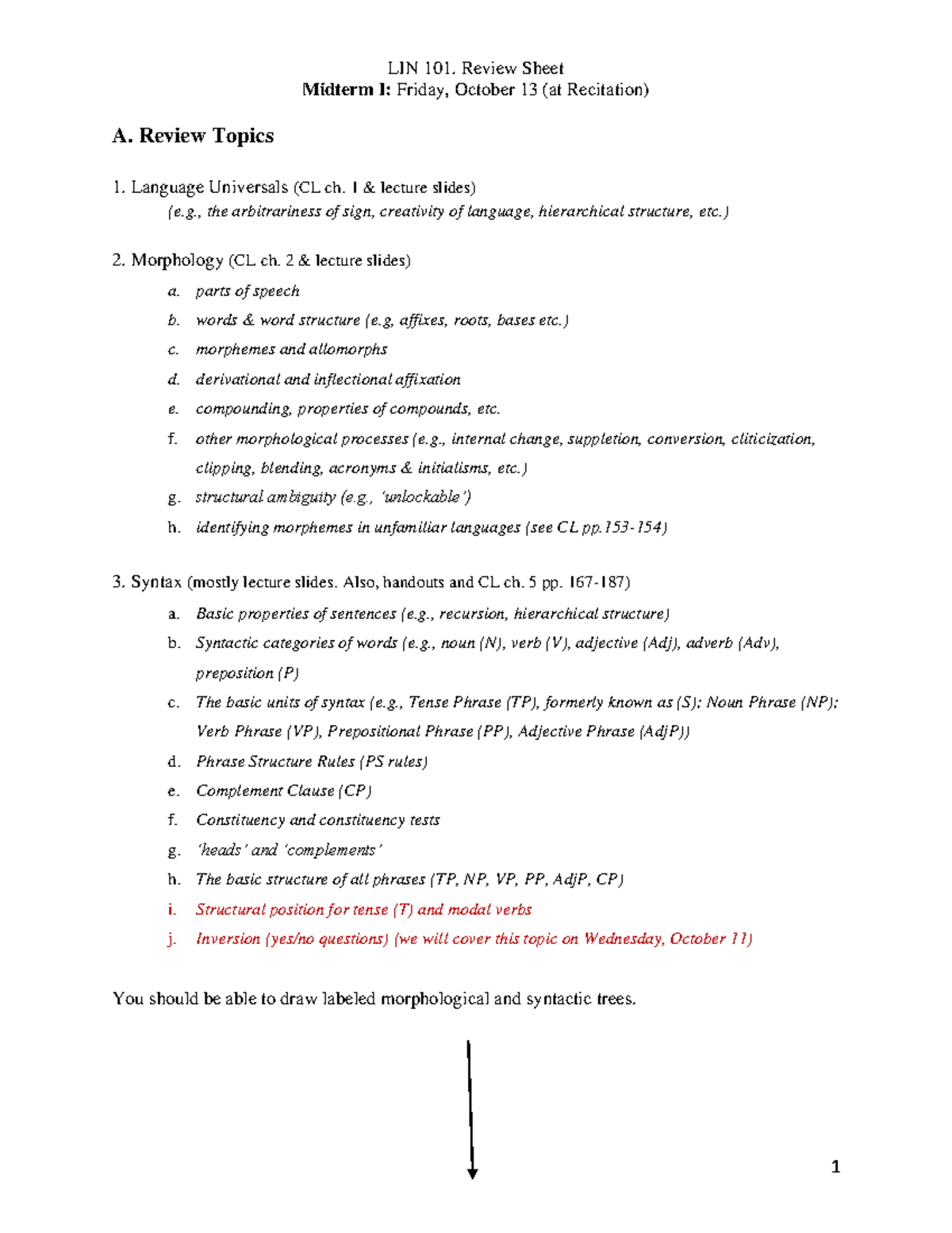 LIN 101 Review Sheet Midterm I: Language Universals Morphology Syntax ...