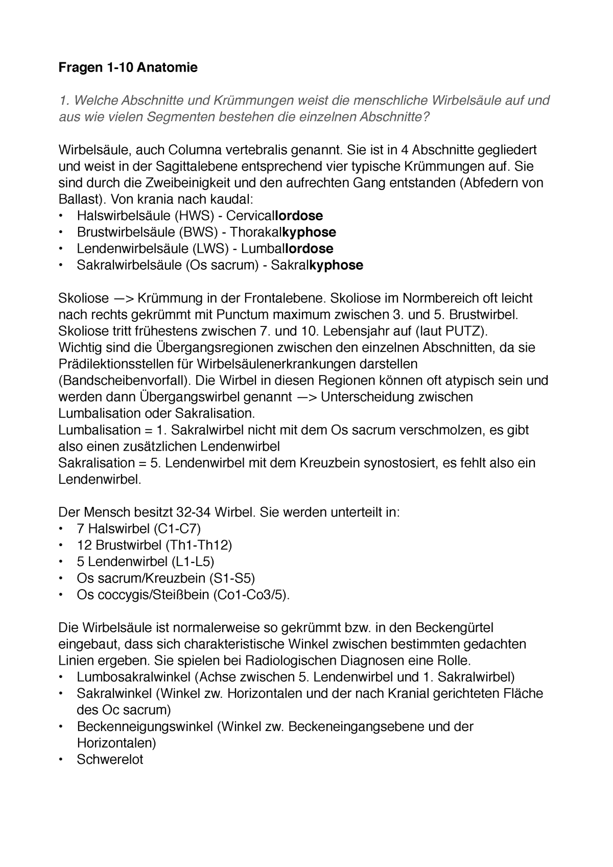 Anatomiefragen 1 10 Ausarbeitung Der Block 2 Prufungsfragen Zu Anatomie Studocu