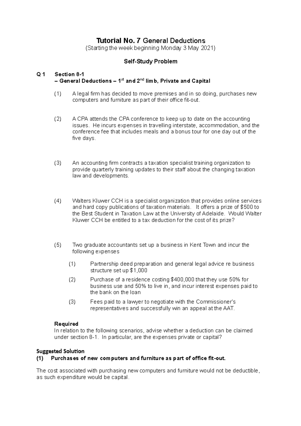 Tutorial No. 7 General Deductions Self-Study Problem - Tutorial No. 7 ...