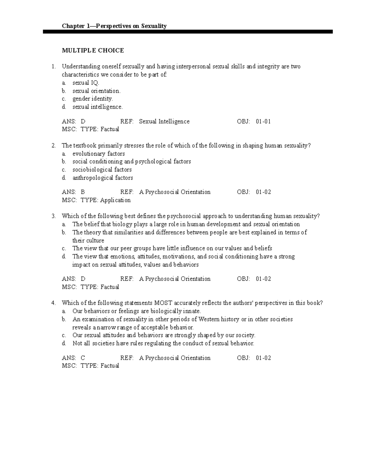 test bank psychology Chapter 1—Perspectives on Sexuality MULTIPLE