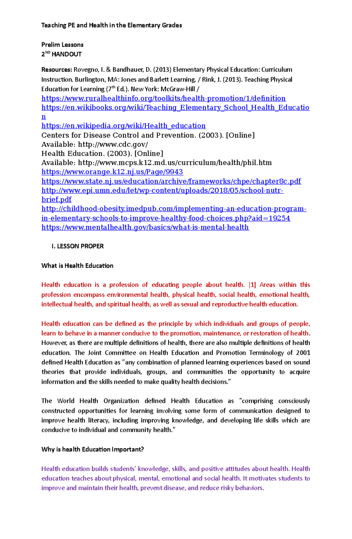 2. Teaching Health IN THE Elementary Grades.docx - Teaching PE and ...