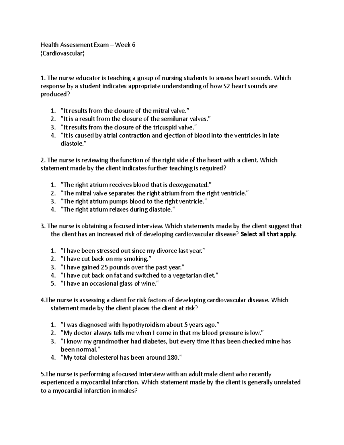 Week 6-Cardio-Health Assessment Exam - Health Assessment Exam – Week 6 ...