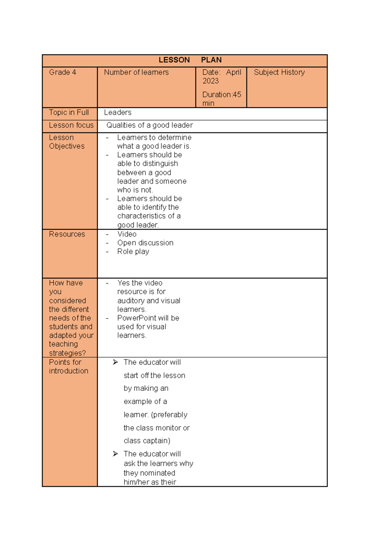 History qualities of a good leader LESSON PLAN Grade 4 Number of