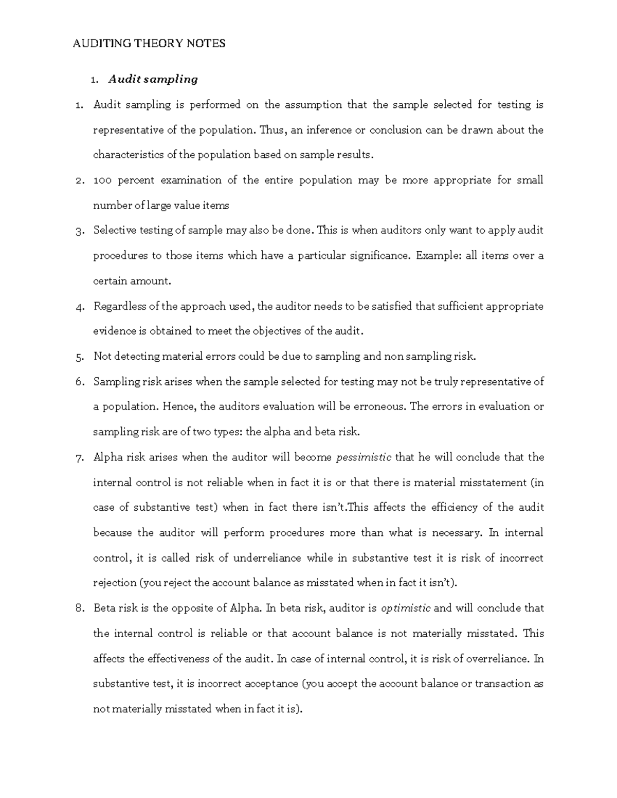Auditing Notes Part 1 - AUDITING THEORY NOTES Audit sampling Audit ...