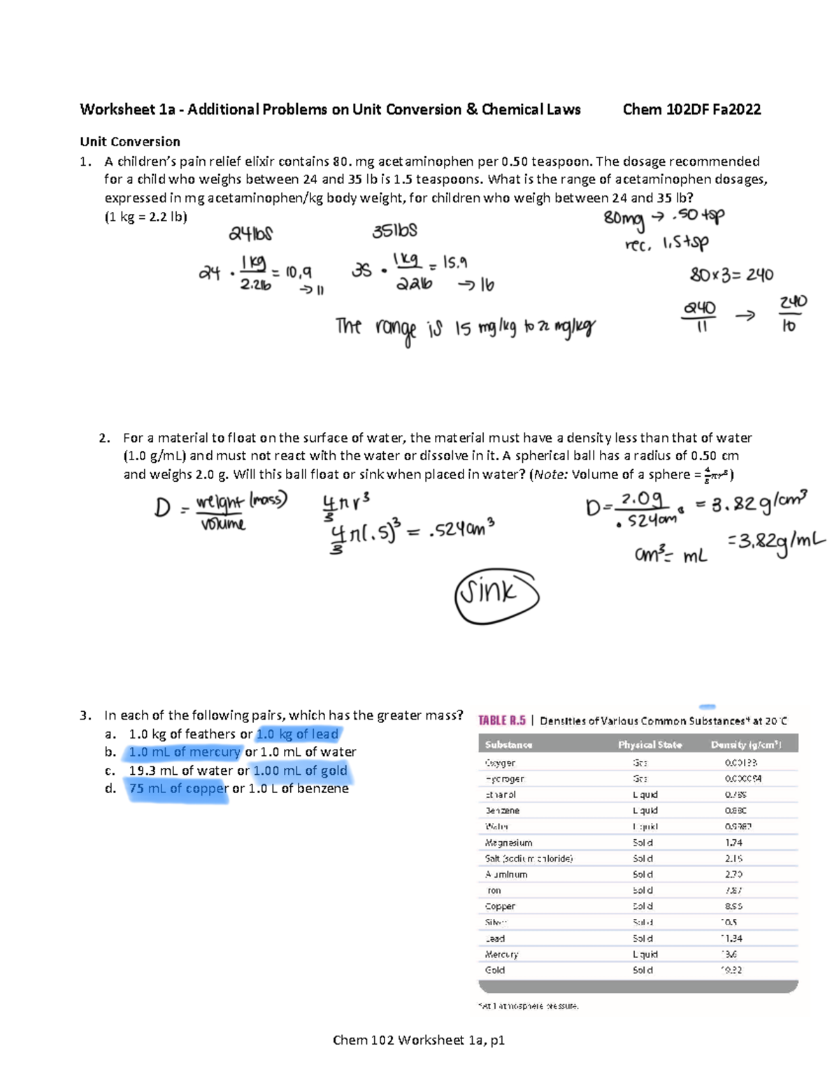 Worksheet+1a+Additional+Problems+on+Unit+Conversion%2C+Chemical+Laws ...