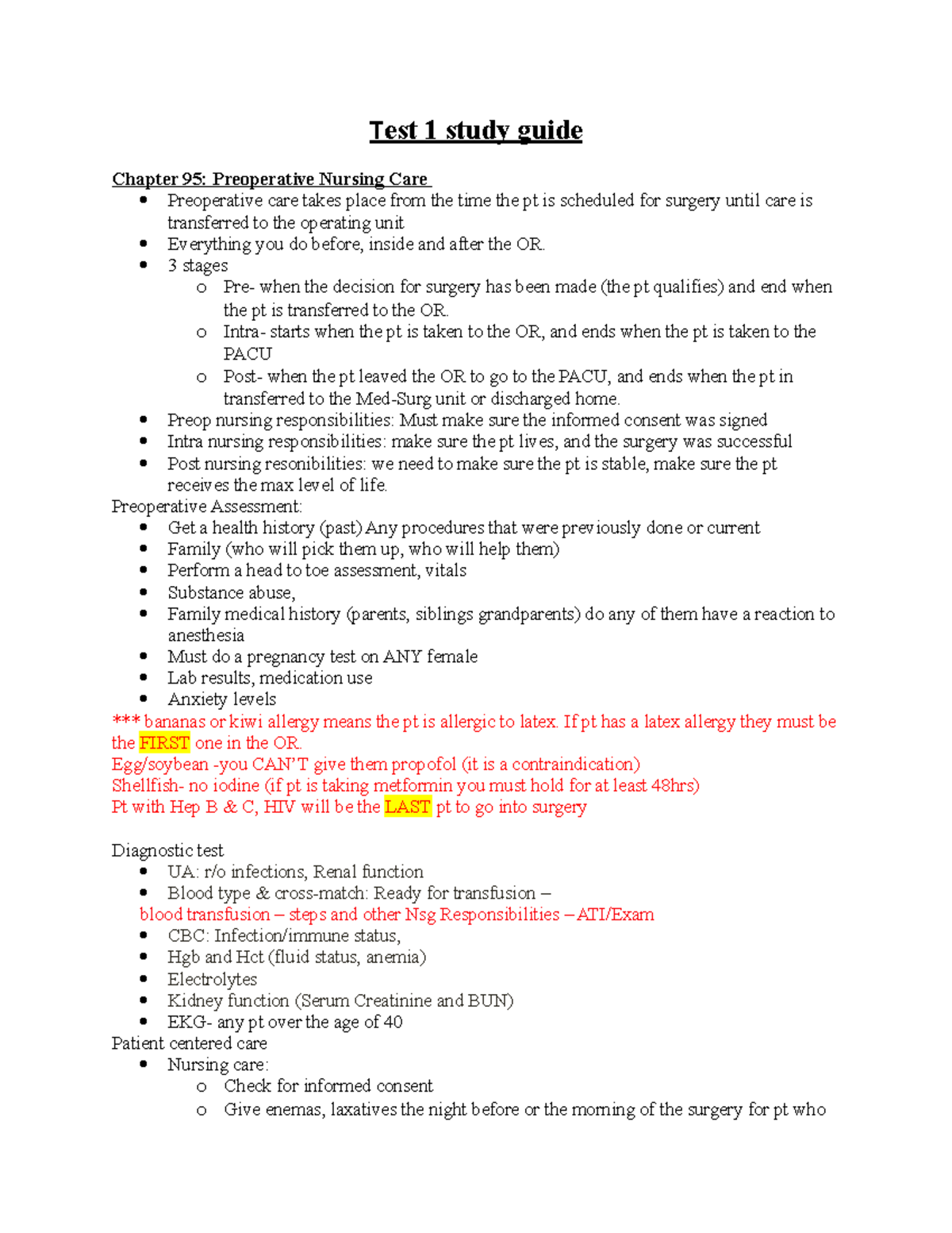 Test 1 Study Guide For Med Surg - T Est 1 Study Guide Chapter 95 ...