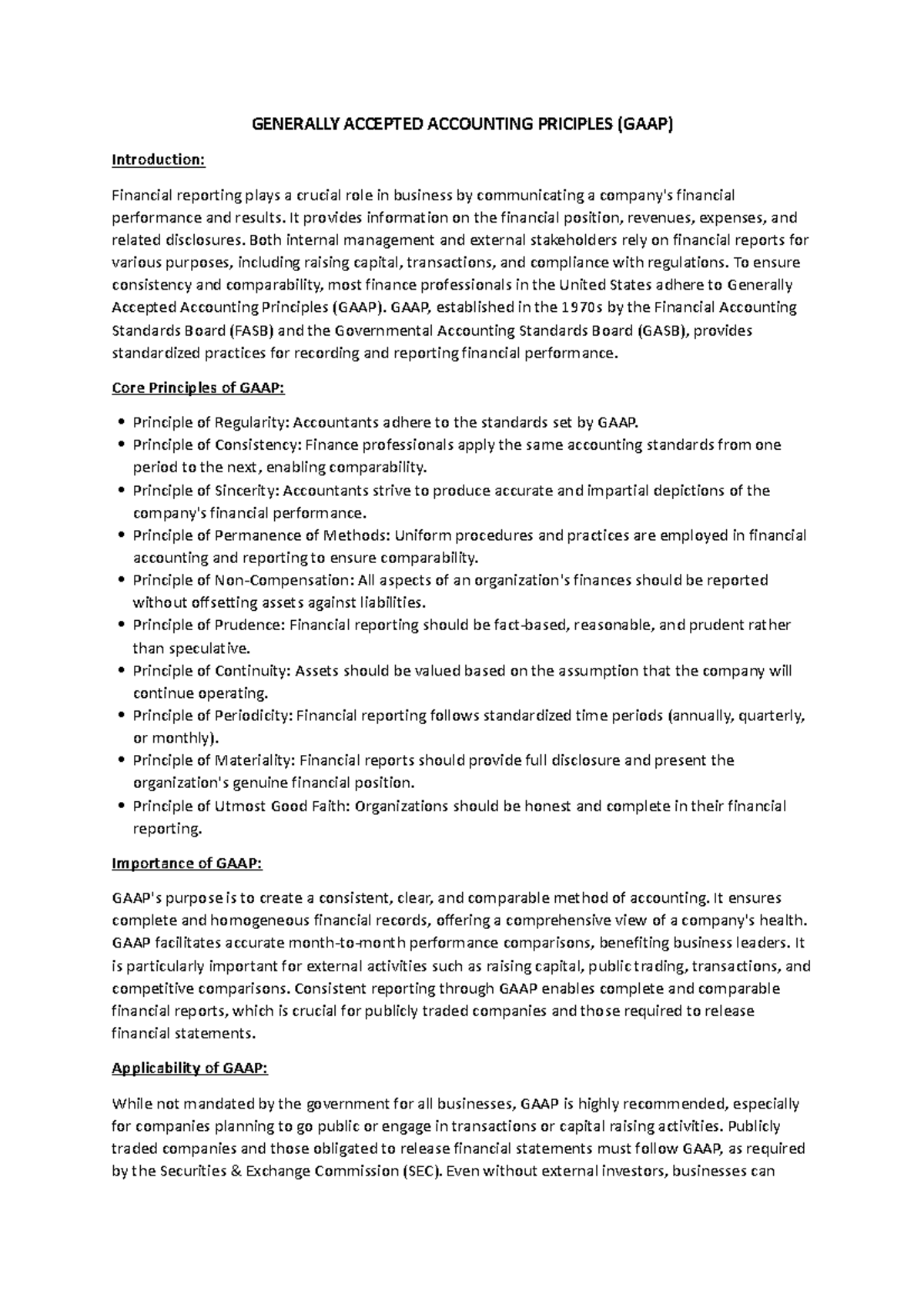 Project - Islam Ahmed - GENERALLY ACCEPTED ACCOUNTING PRICIPLES (GAAP ...